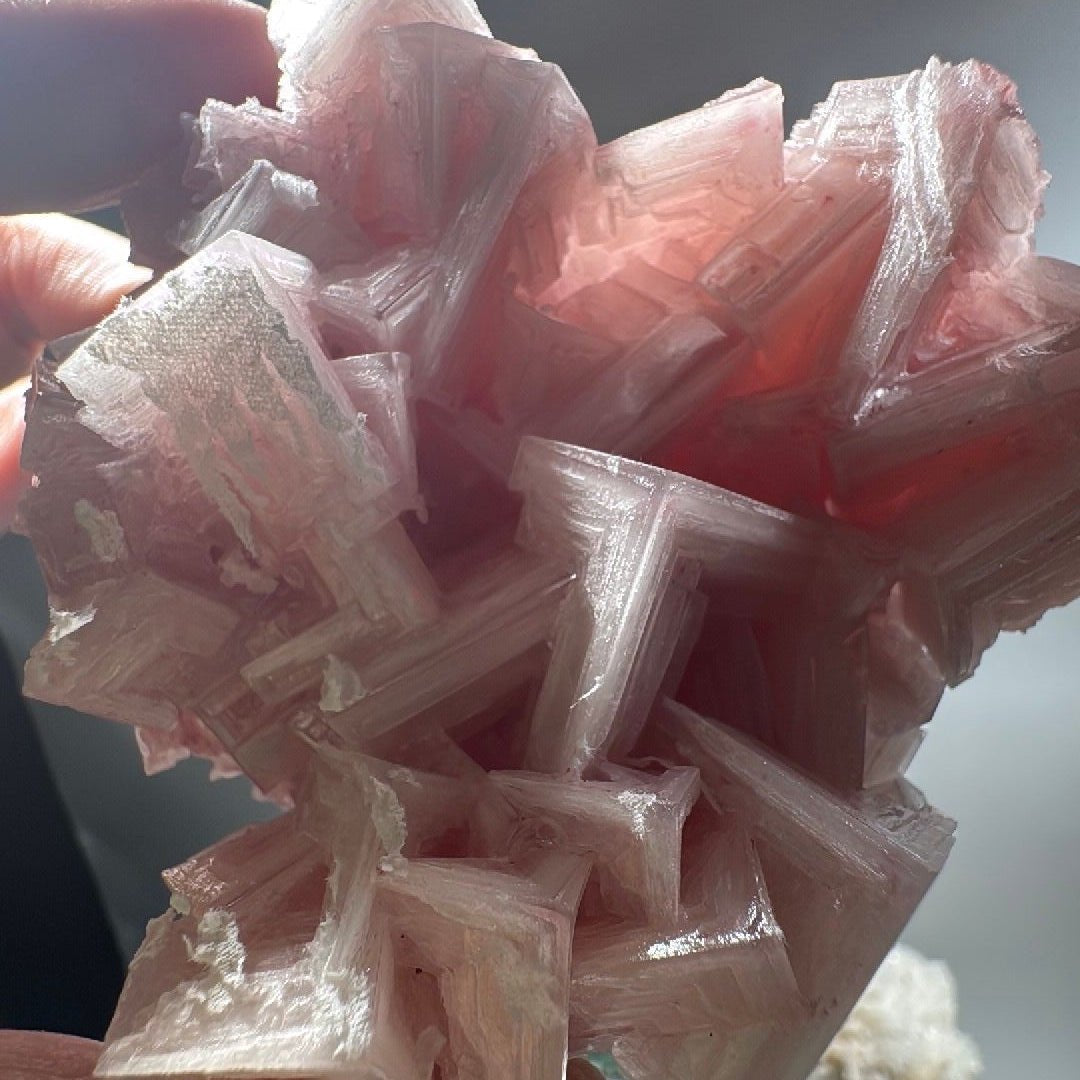 California pink halite mineral specimen, palm-sized display piece