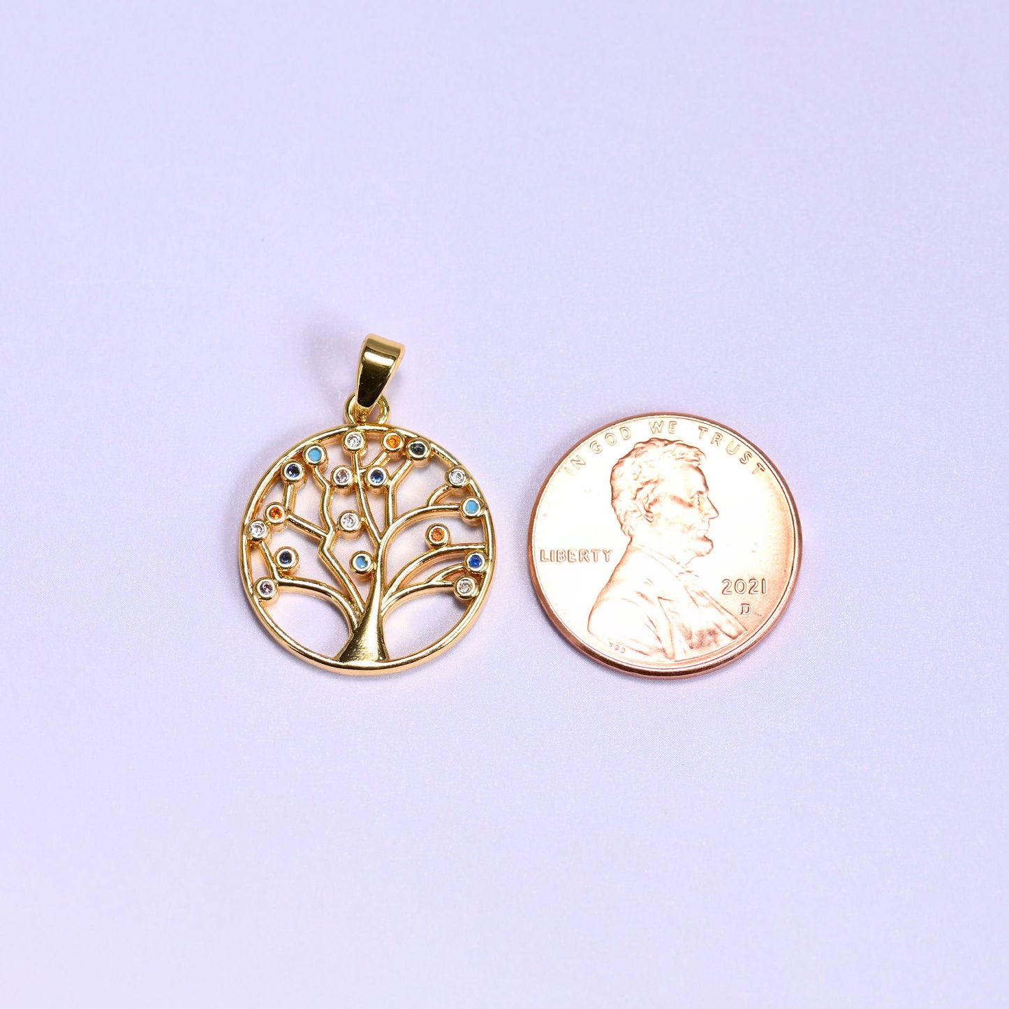 18K gold plated brass tree of life charm pendant, approx 20.48mm x 17.99mm