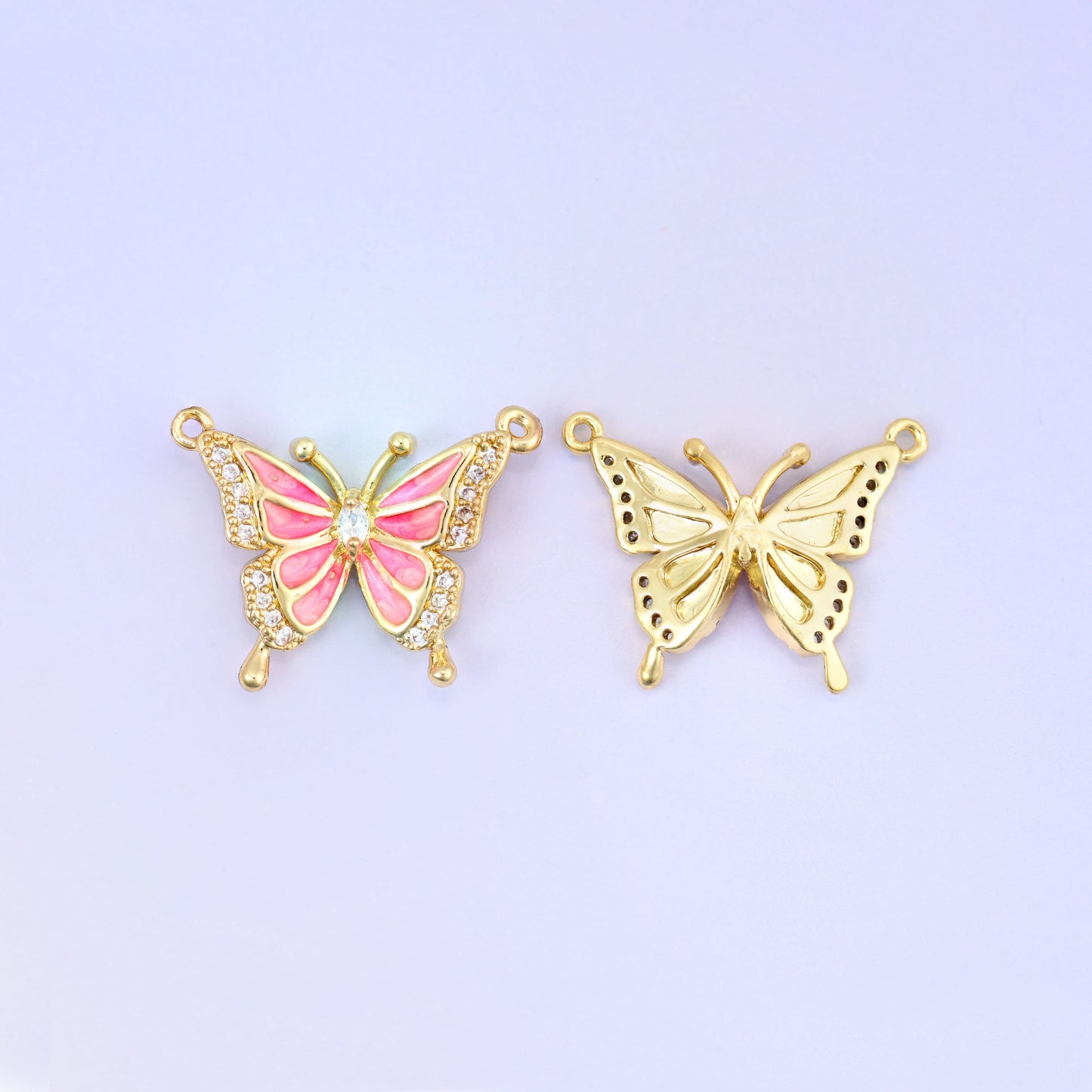 Enamel Pink Butterfly Zircon Pendants: 18K Gold Plated Double Connector, Jewelry Making Supply