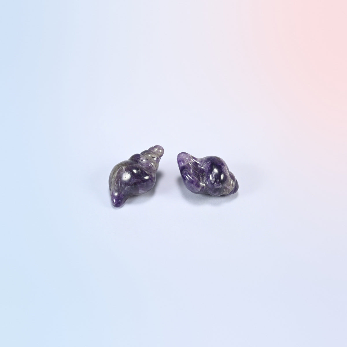 Two natural amethyst conch shell crystal carvings, 1.5 inch, purple