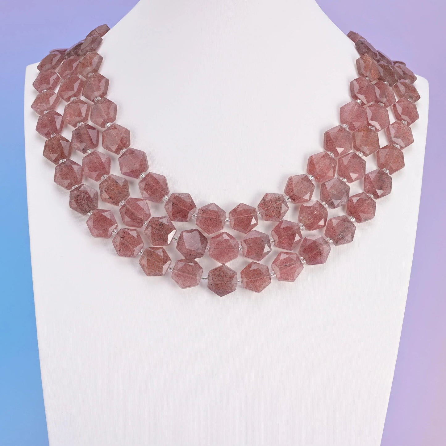 Strawberry Quartz beads, flat hexagon shape, 12mm.