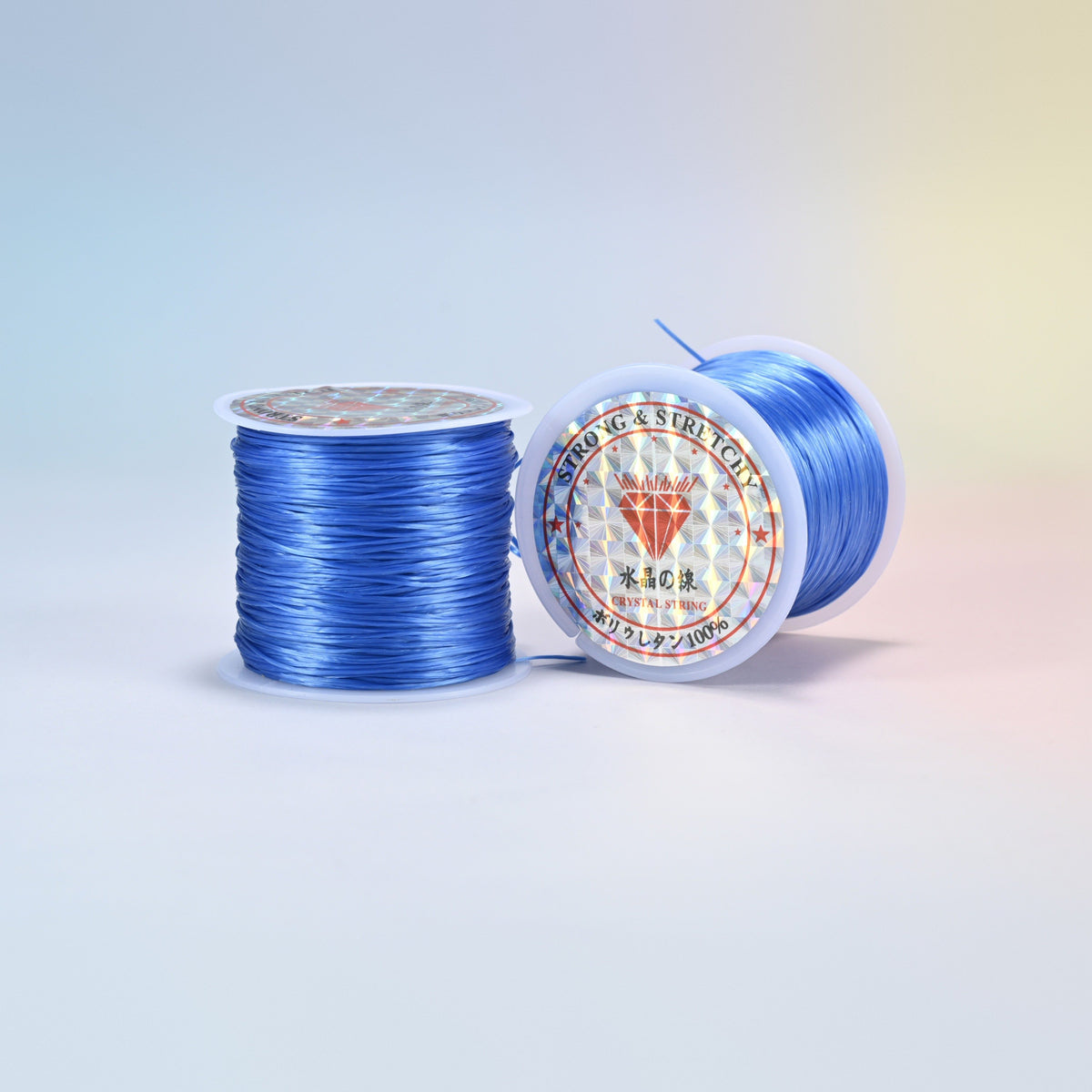 Two rolls of blue 0.7-0.8mm elastic stretch string, glossy polyurethane bead cord with a holographic label