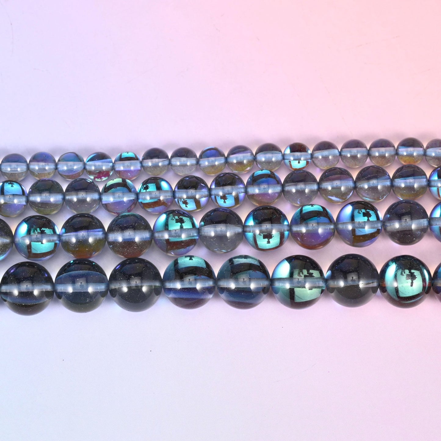 Iridescent Gray Round Glass Beads in smoky grey with a peacock flash of blue, green and violet