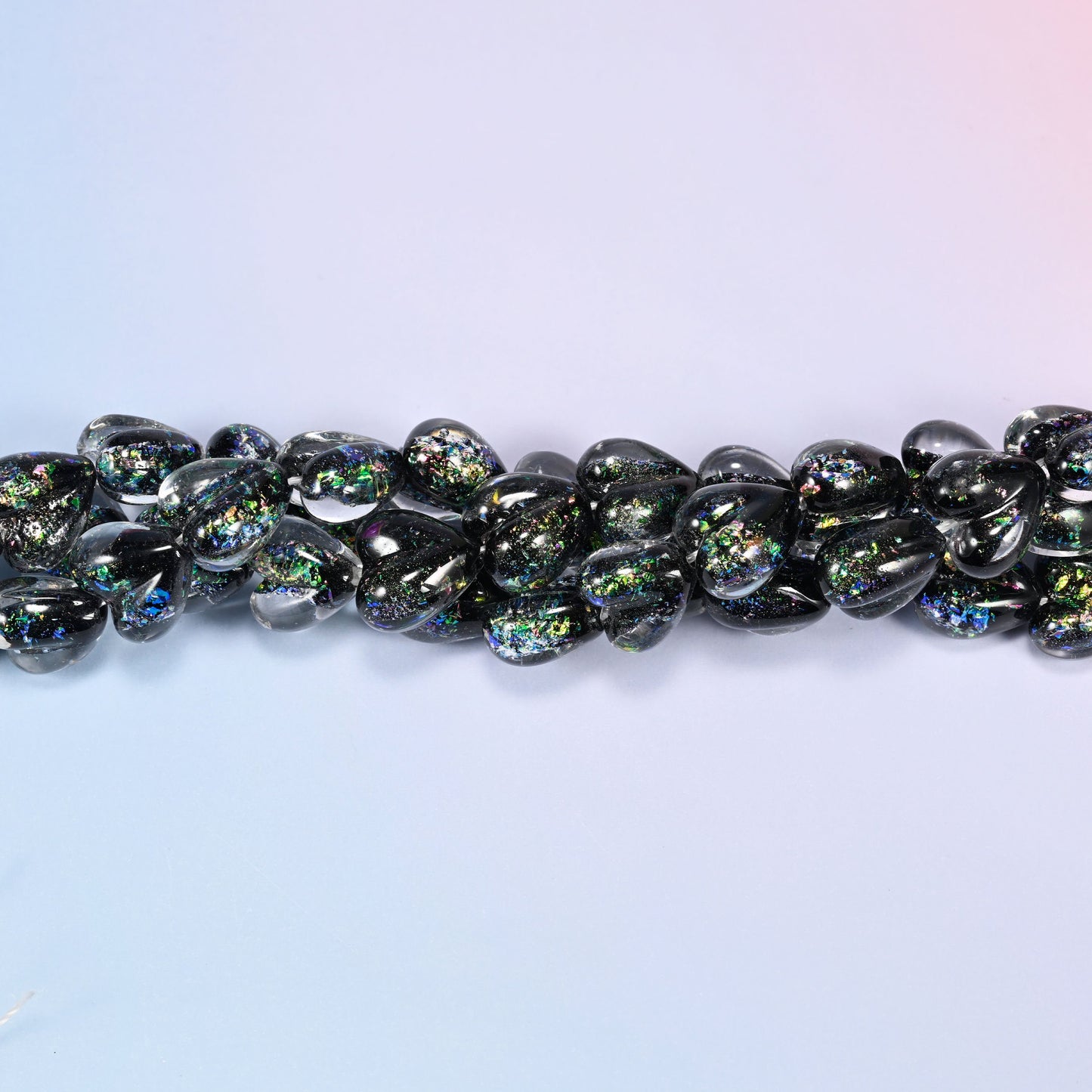 Iridescent Black Green Heart Glass Beads, 24 beads per strand