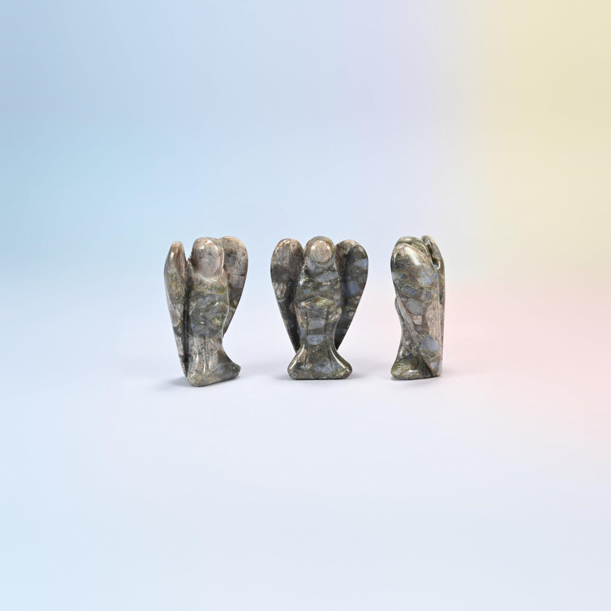 Three natural blue labradorite guardian angel carvings, pinkish gray with blue flashes, 2 inch