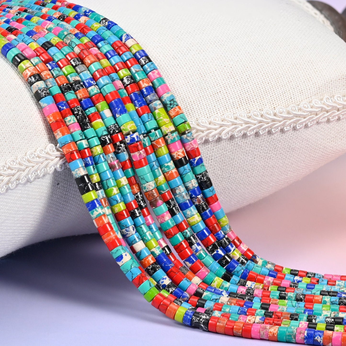 Dyed Multi-Color Shoushan Stone smooth heishi disc beads in a vibrant rainbow mix of turquoise, red, blue, pink and green