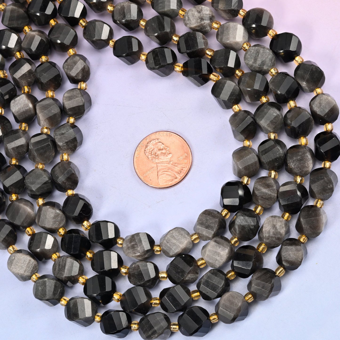 Silver Obsidian natural stone beads, 10mm faceted spiral twist beads on a full 15 inch strand