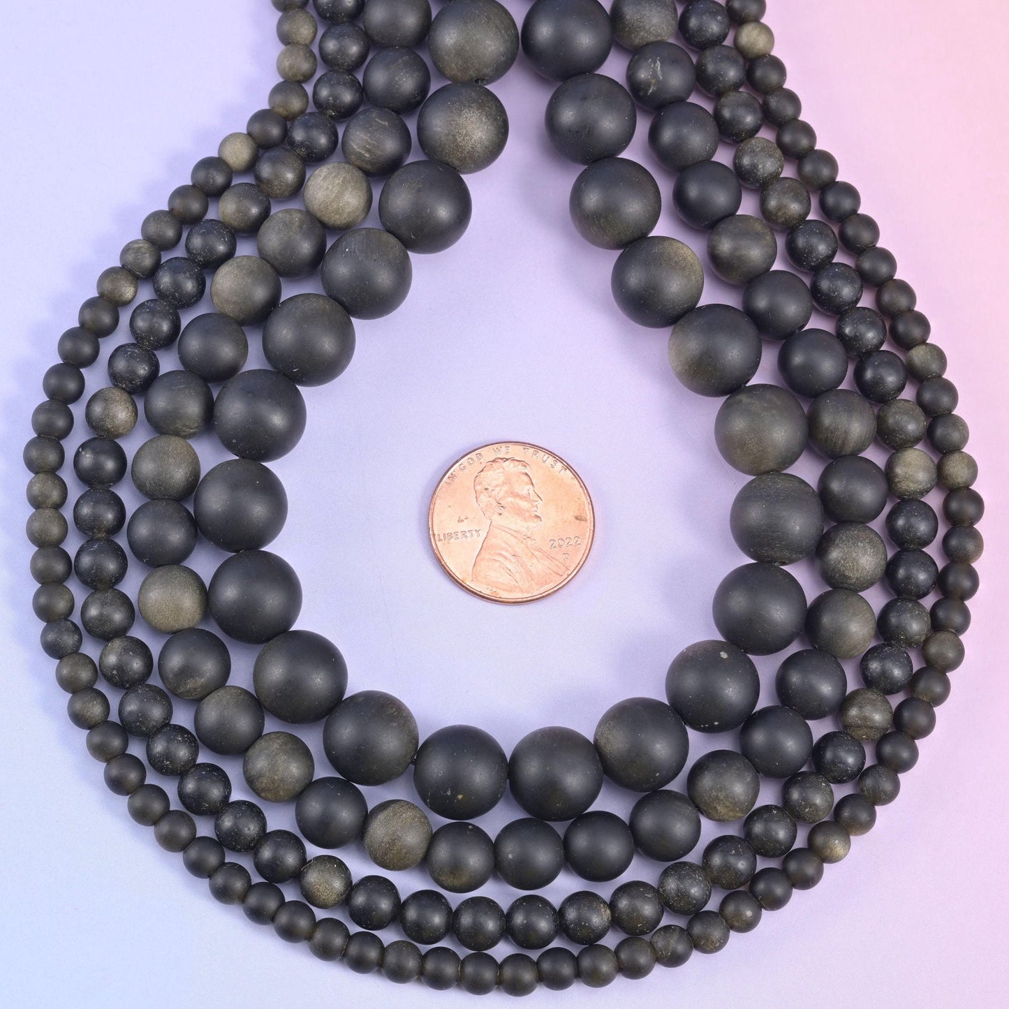 Gold Obsidian Matte Round Beads, flat charcoal black with a frosted surface and soft olive-bronze sheen