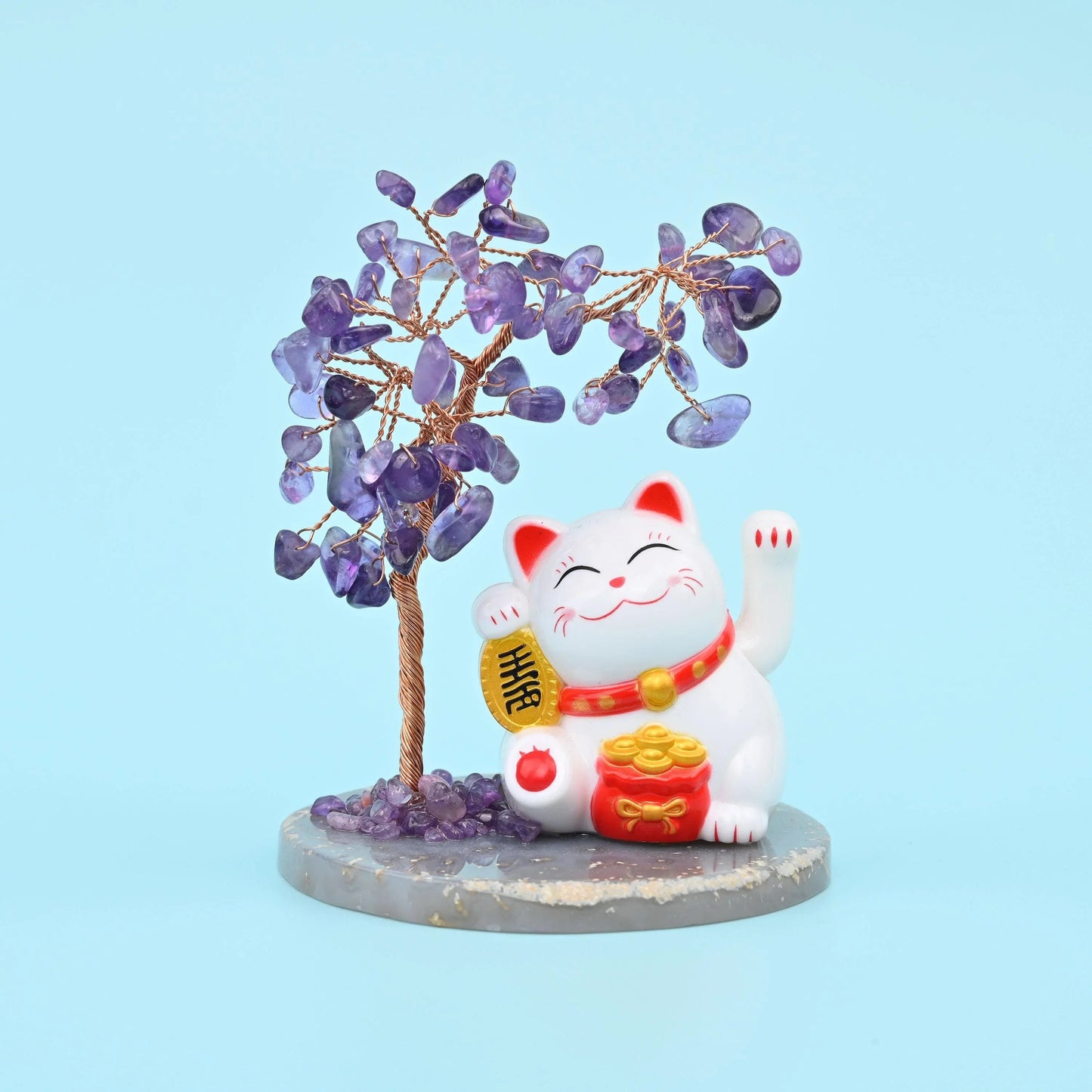 Fortune Cat gemstone tree with Aquamarine, Amethyst, Chakra, Citrine or Green Aventurine leaves