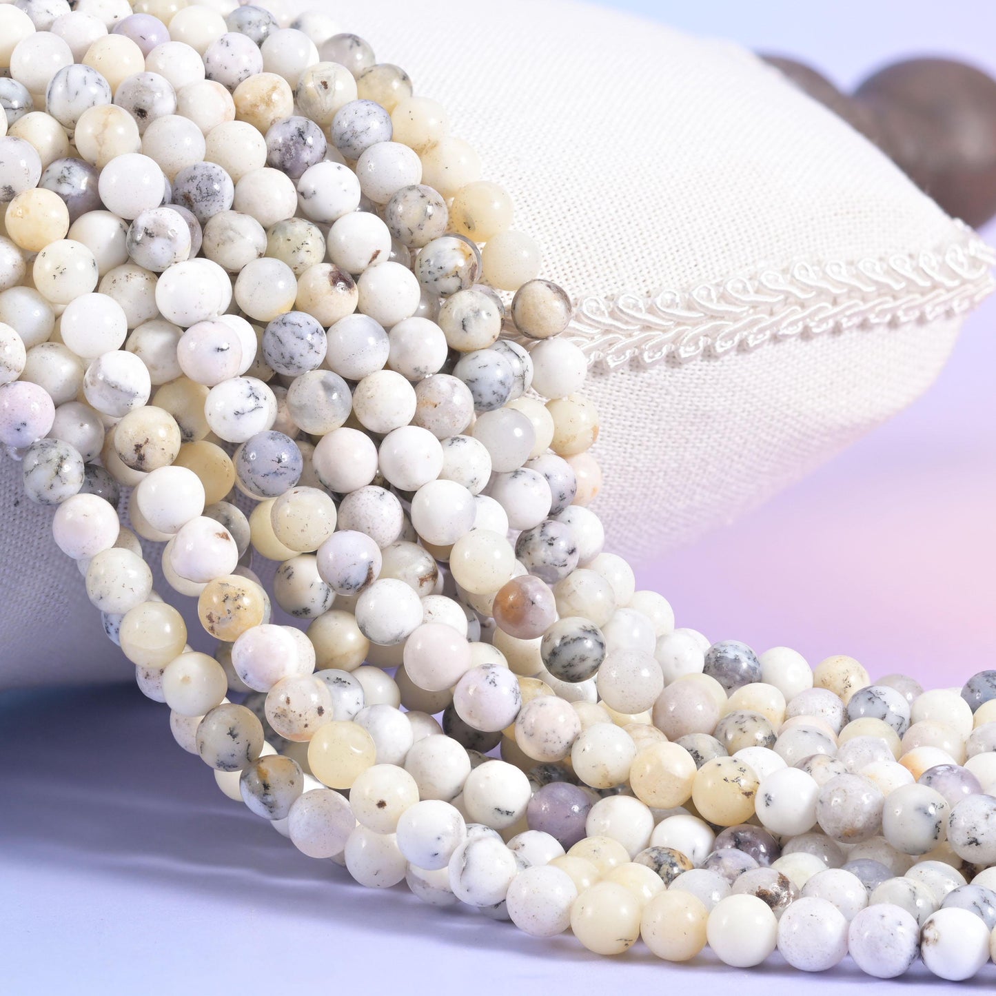 White Opal Smooth Round Beads, creamy ivory and soft grey-white with fine dendritic speckling