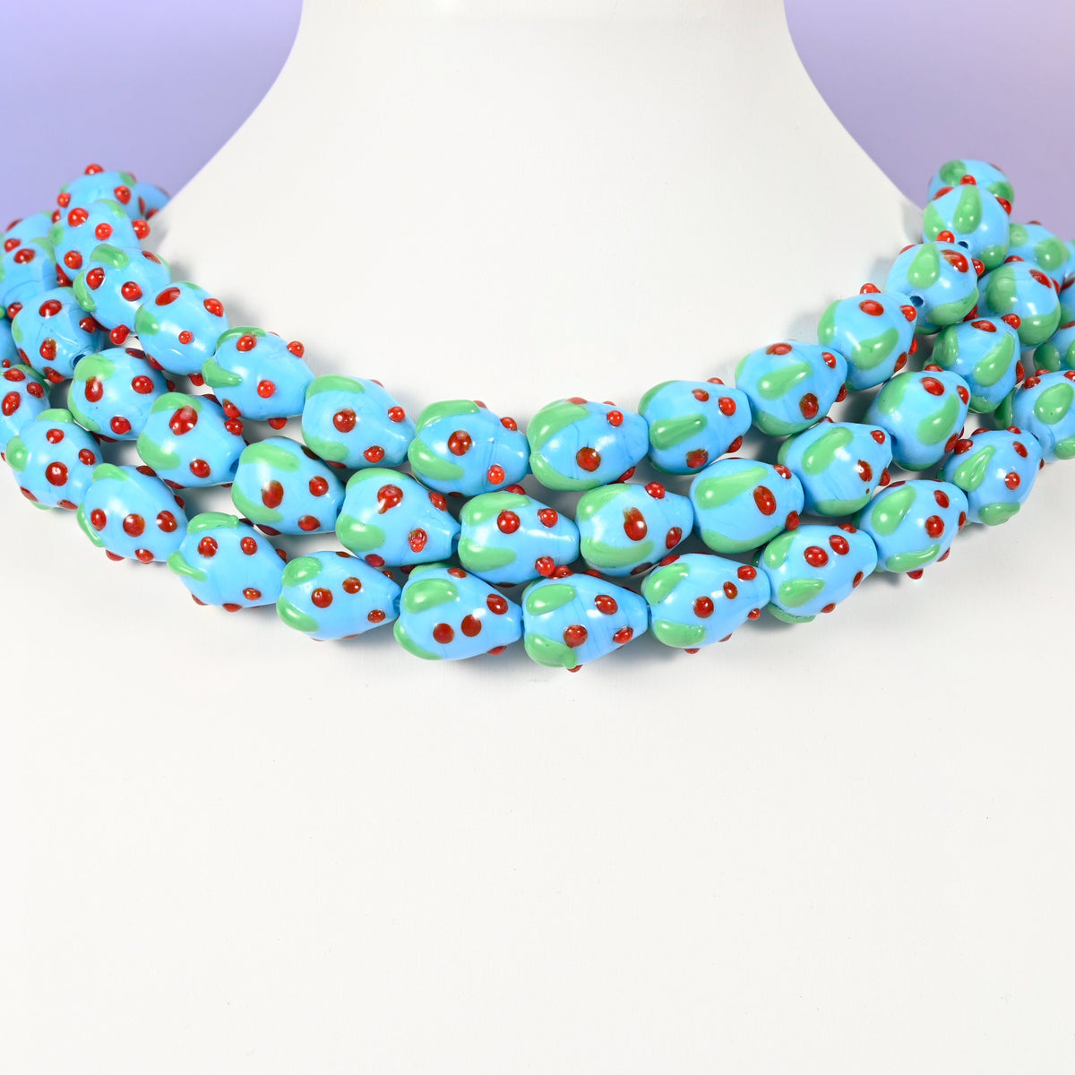 Glass beads, strawberry with a green glass leaf cap, Approximately 15.5 x 12mm