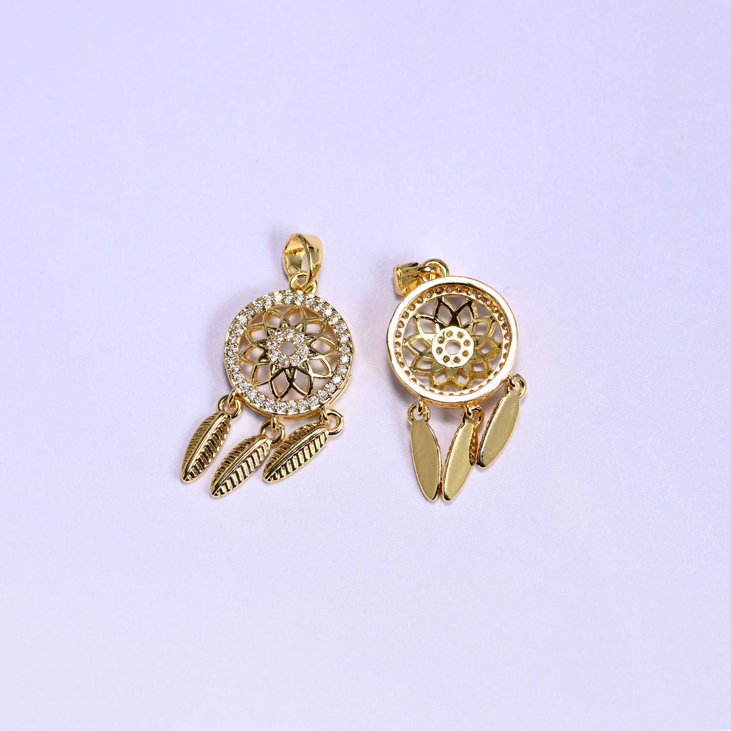 Dream catcher charm with sparkling clear zircon pave and feather dangles
