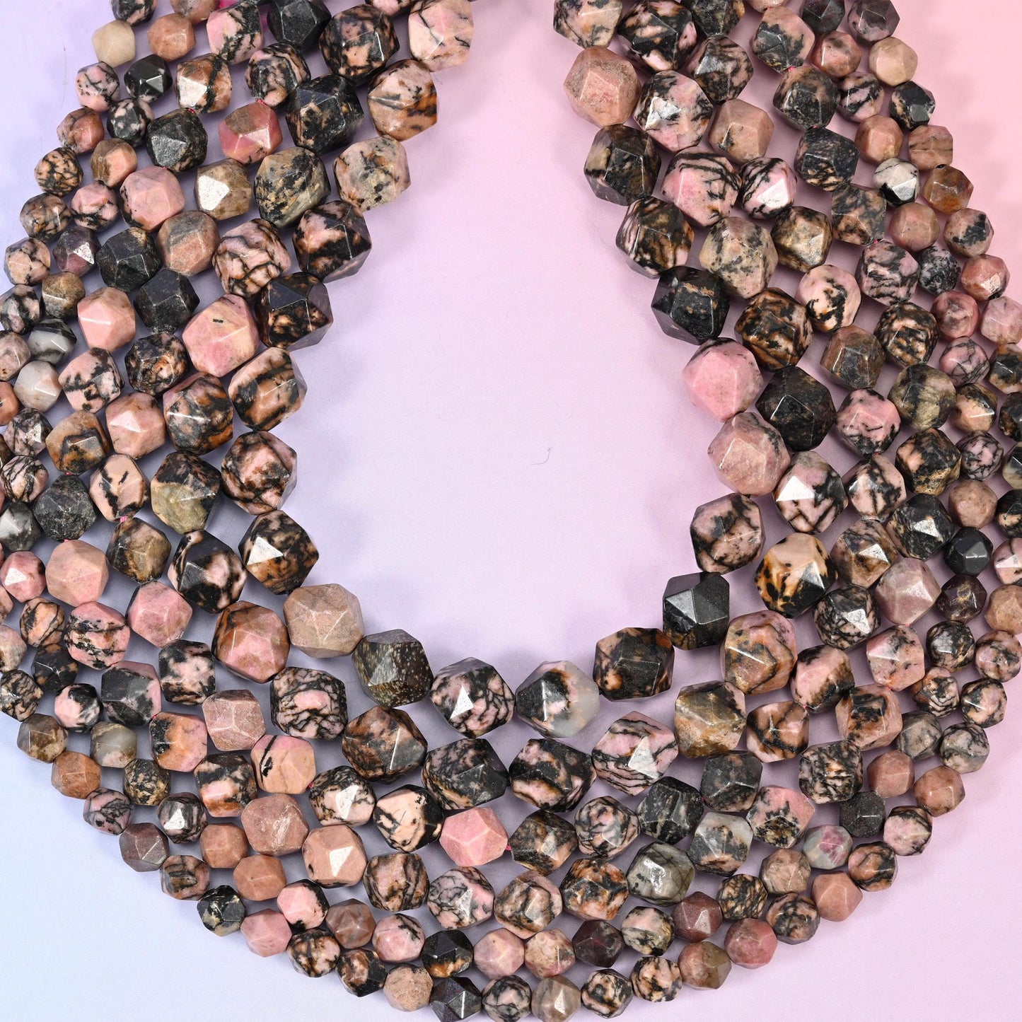 Black Line Rhodonite Faceted Diamond Star Cut Beads, hole approximately 1.0mm (+/- 0.2mm), center drilled