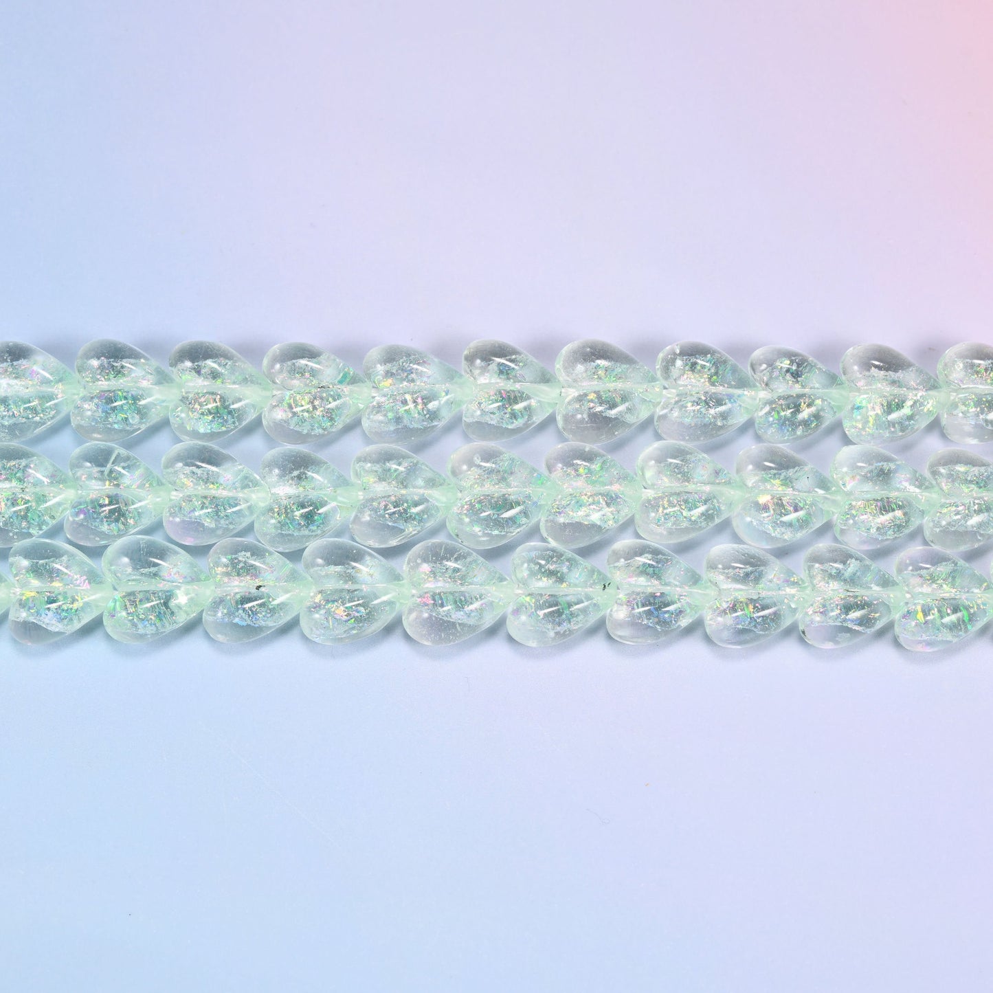 Iridescent Heart Glass Beads in pale mint green