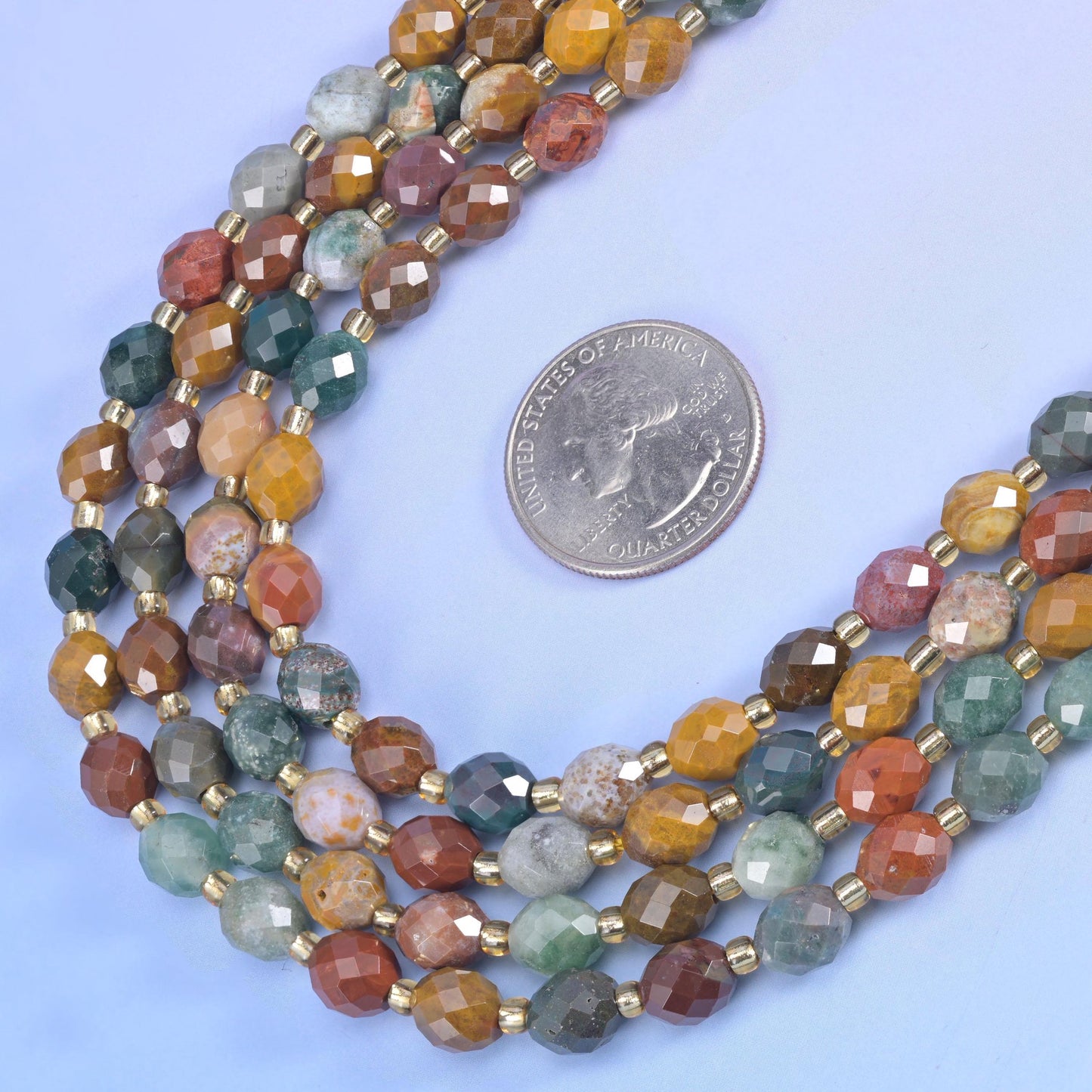 Ocean Agate Faceted Rice Barrel Beads in teal, ochre, rust, cream and soft grey