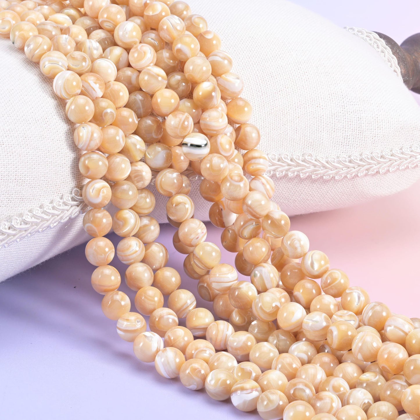 Trochus Shell Smooth Round Beads, warm honey and cream with chalky white banding