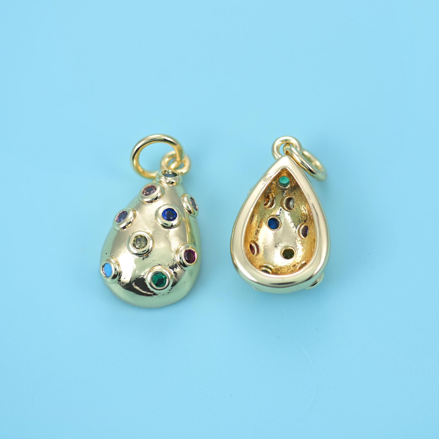 18K Gold Filled Zircon Teardrop Charm 15.22x8.2mm in polished gold with blue, red, green and clear zircon