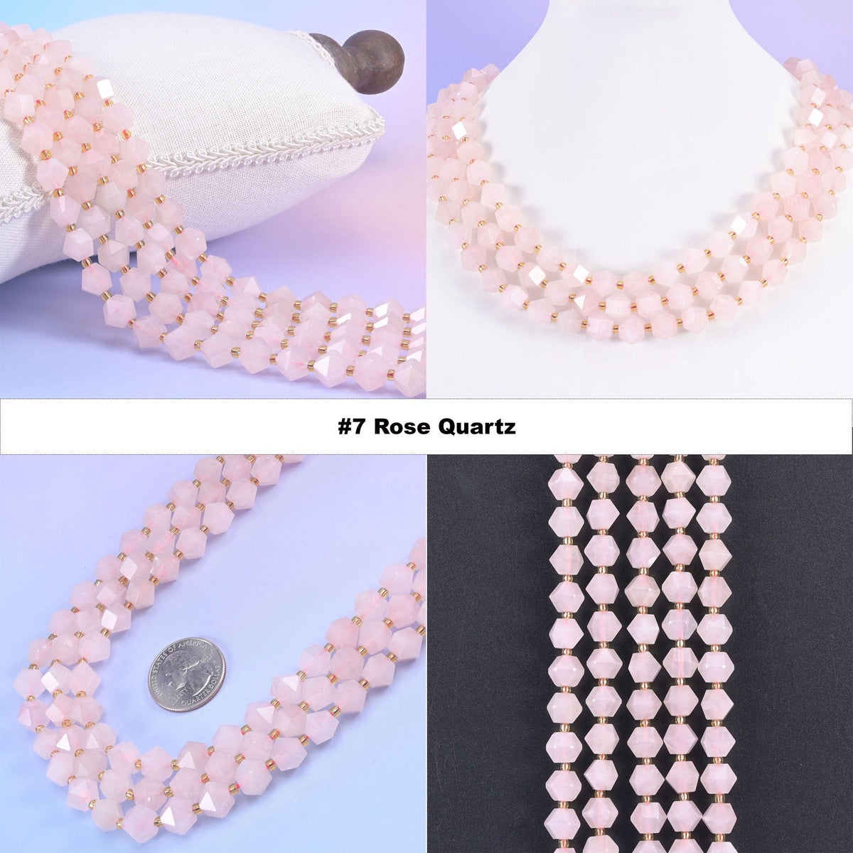 Faceted 8 sides diamond rhombus beads in rose quartz, option 7 shown in four views, soft pink beads on a cushion and a neck display.
