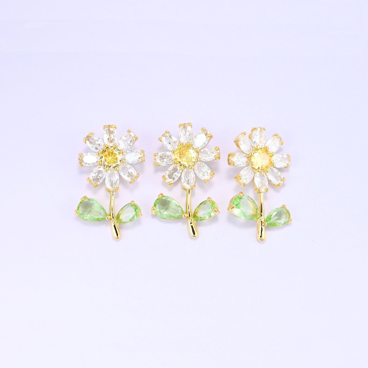 Daisy Flower Green Leaves Zircon Charms: 18K Gold Plated, Jewelry Making Supply
