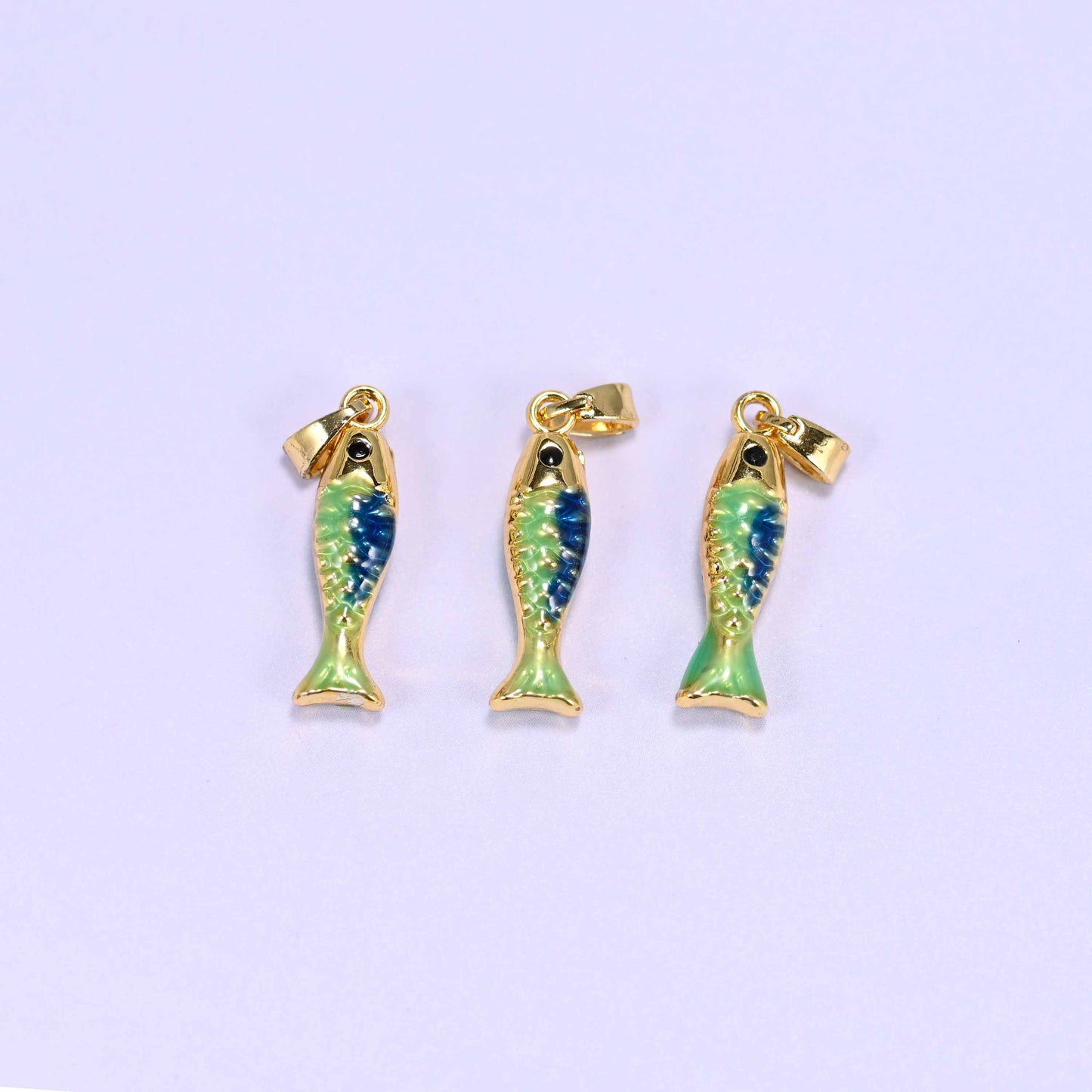 Enamel Blue Green Fish Charms: 18K Gold Filled Pendants, Jewelry Making Supply