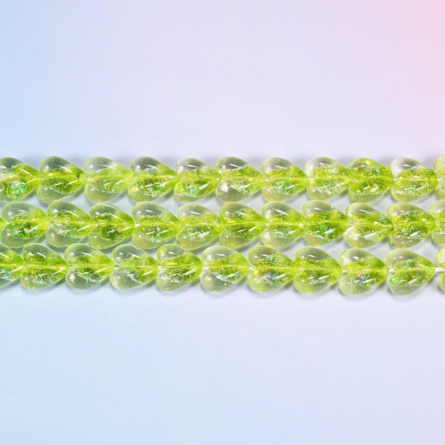 Iridescent Heart Glass Beads in bright lime green