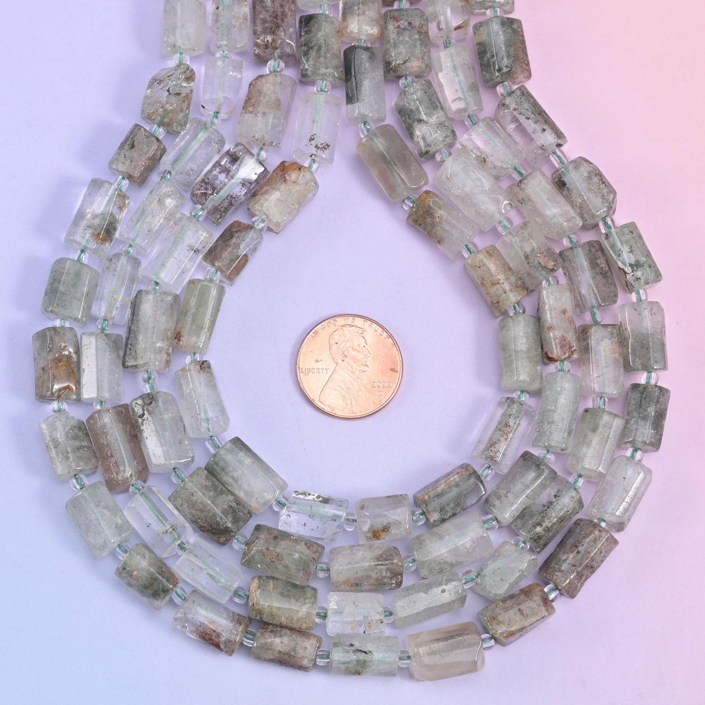Natural Green Phantom Quartz faceted tube cylinder beads, center drilled for jewelry making