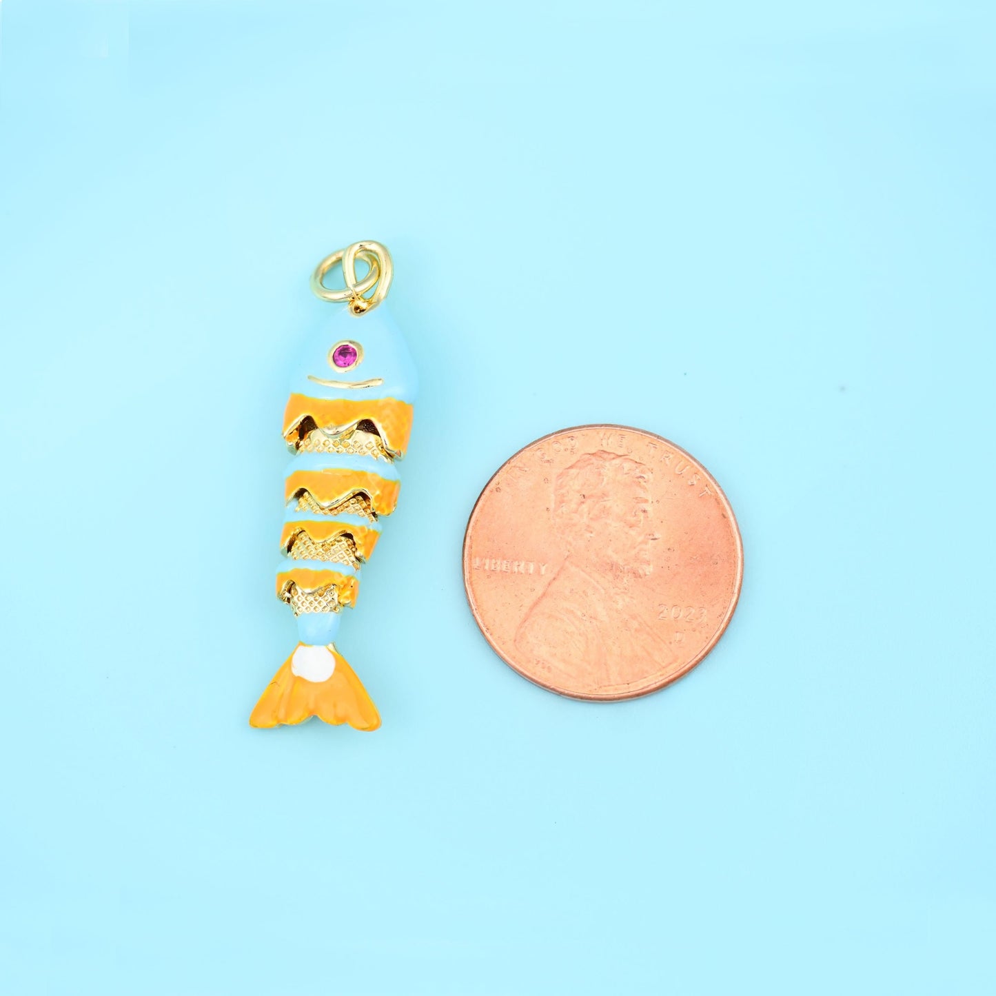 18K Gold Filled Enamel Articulated Fish Charm 34x9mm, sold per piece