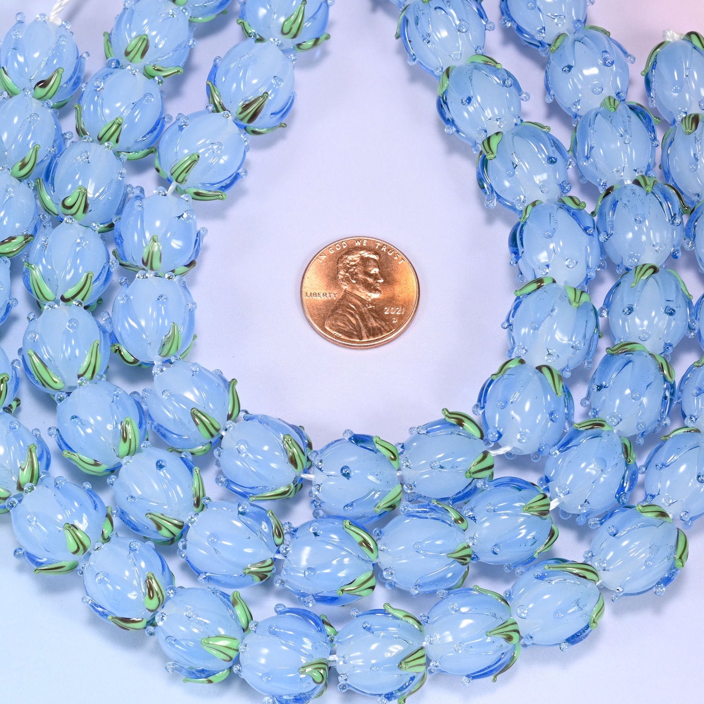 Blue Tulip Flower Bud Lampwork Glass Beads 14mm, approximately 20 beads per strand