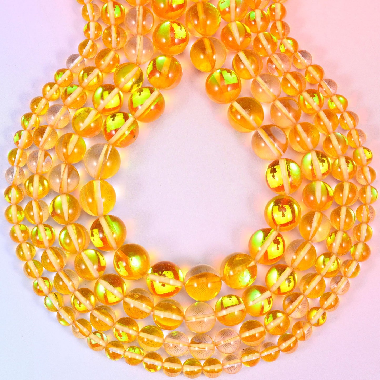 Mystic Aura Yellow Round Glass Beads, hole approximately 1.0mm, centre drilled