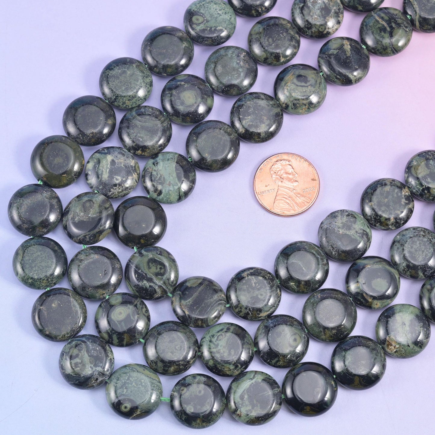 Kambaba Jasper smooth coin beads, 15 inch strand