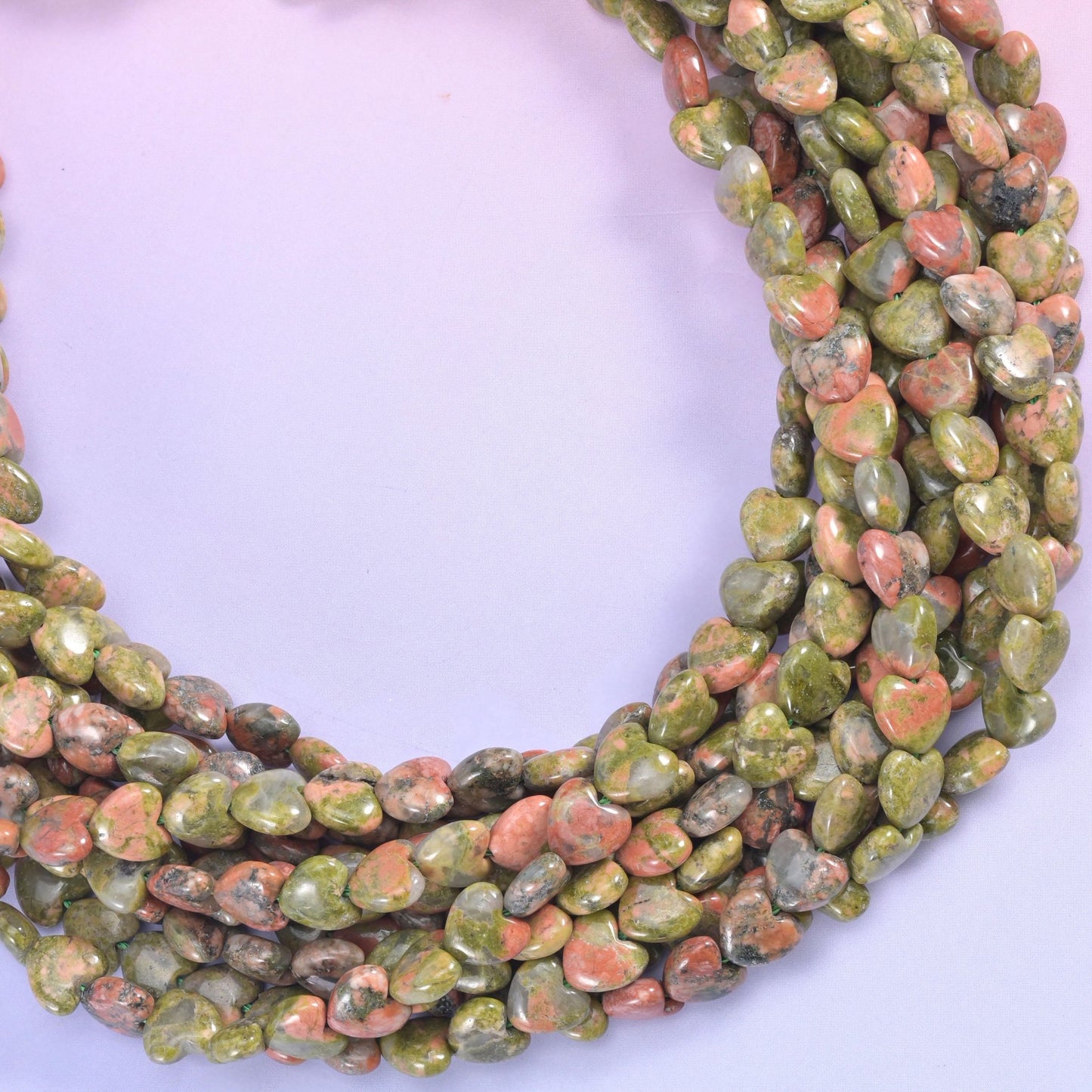 Green Unakite Heart Beads, mossy olive green blotched with salmon-pink feldspar and scattered dark grey flecks