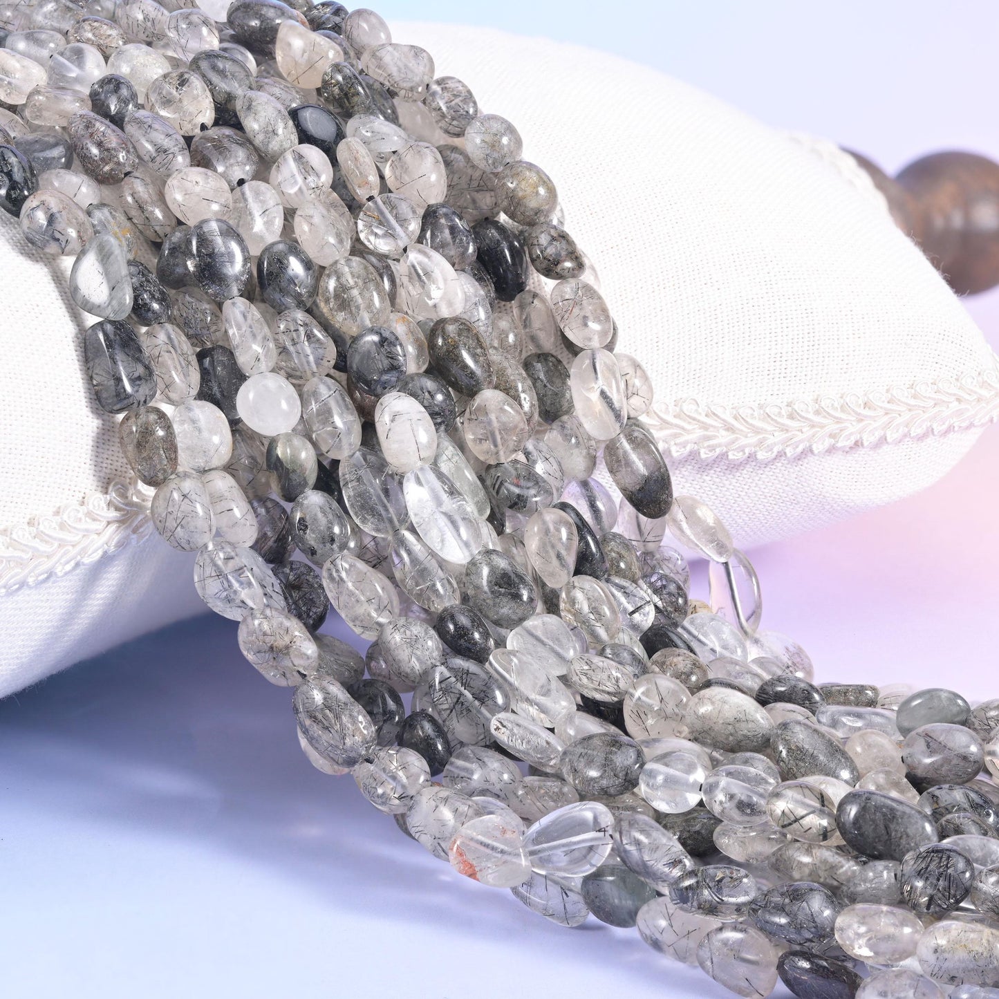 Black Rutilated Quartz Pebble Beads 6-8mm 8-12mm Jewelry Making 15.5" Strand