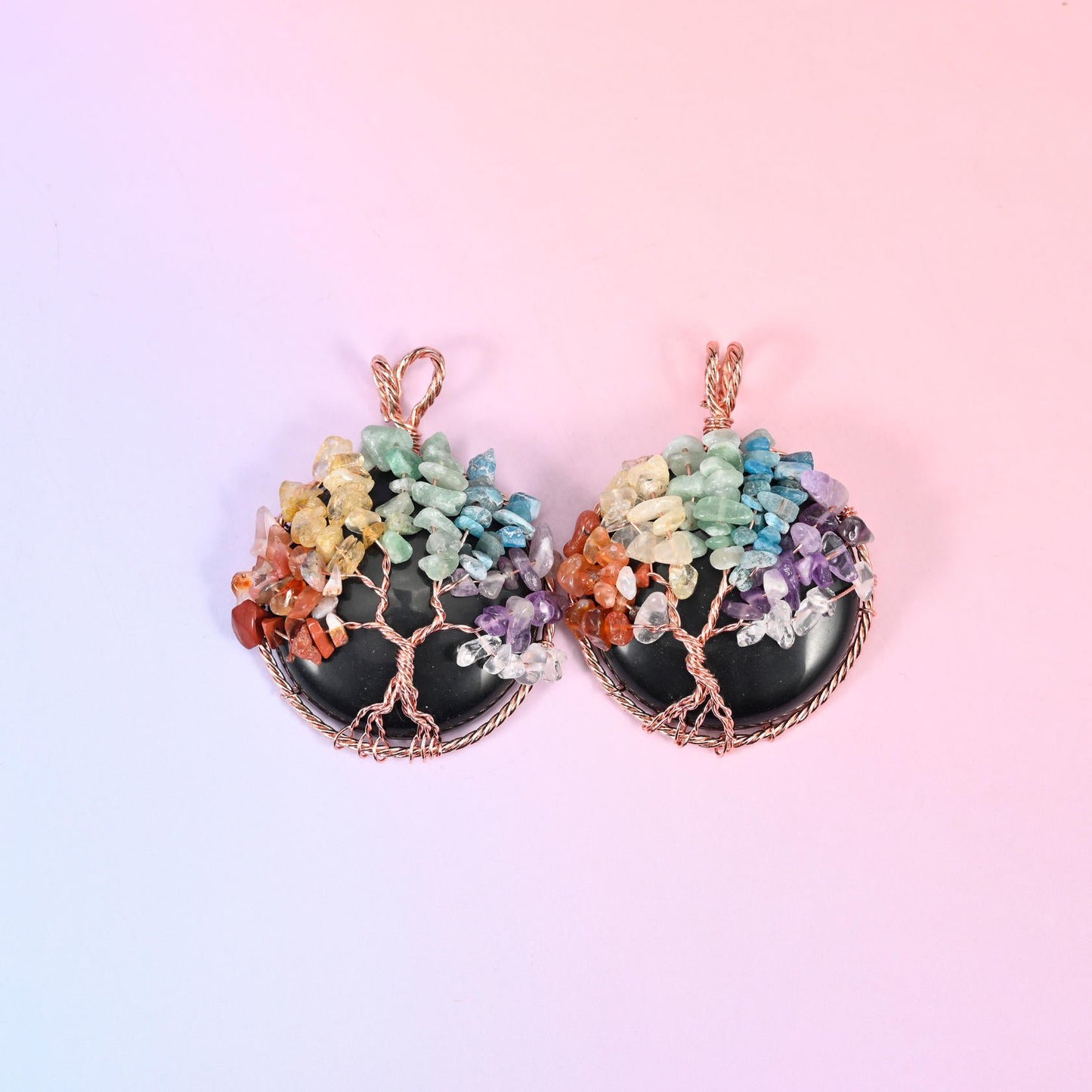 Gemstone round pendant, copper wired tree of life, 60x45mm
