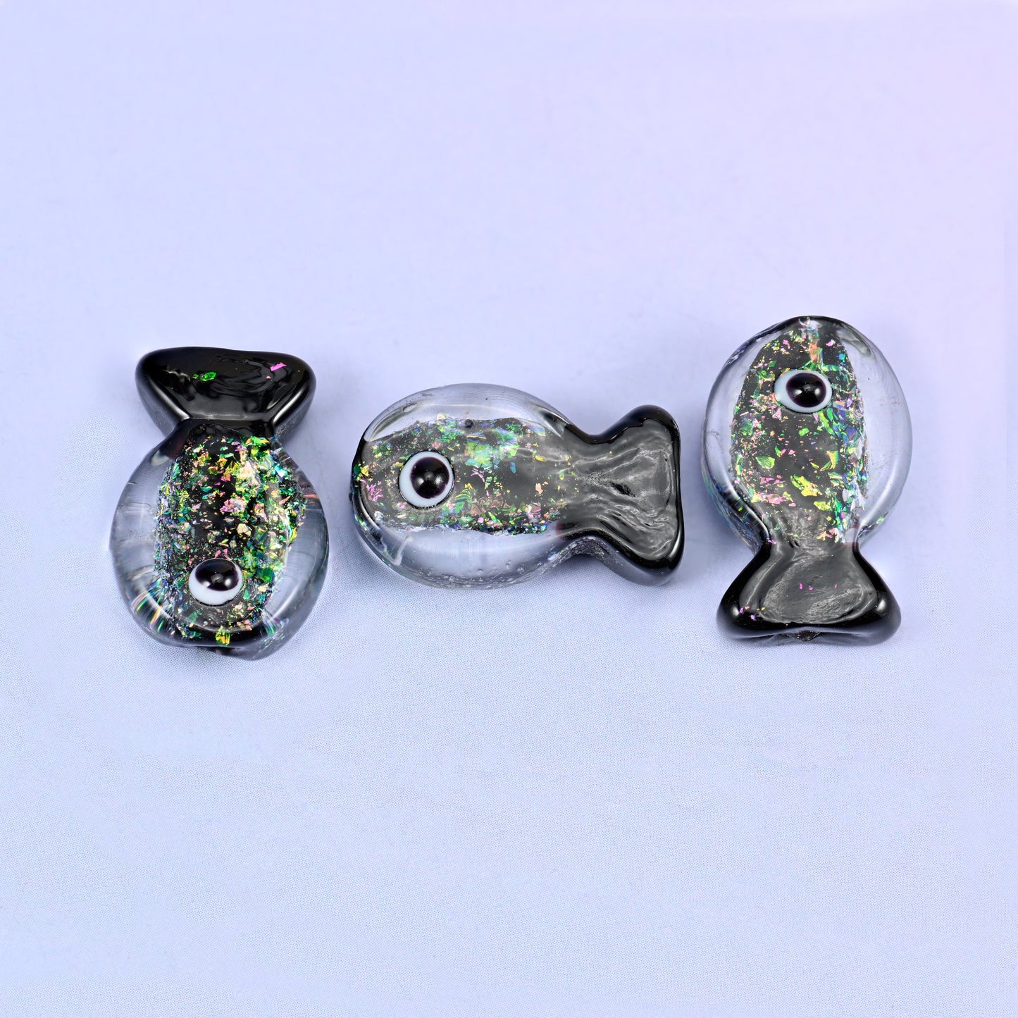 Iridescent Black Green Fish Glass Beads: Jewelry Making Supply
