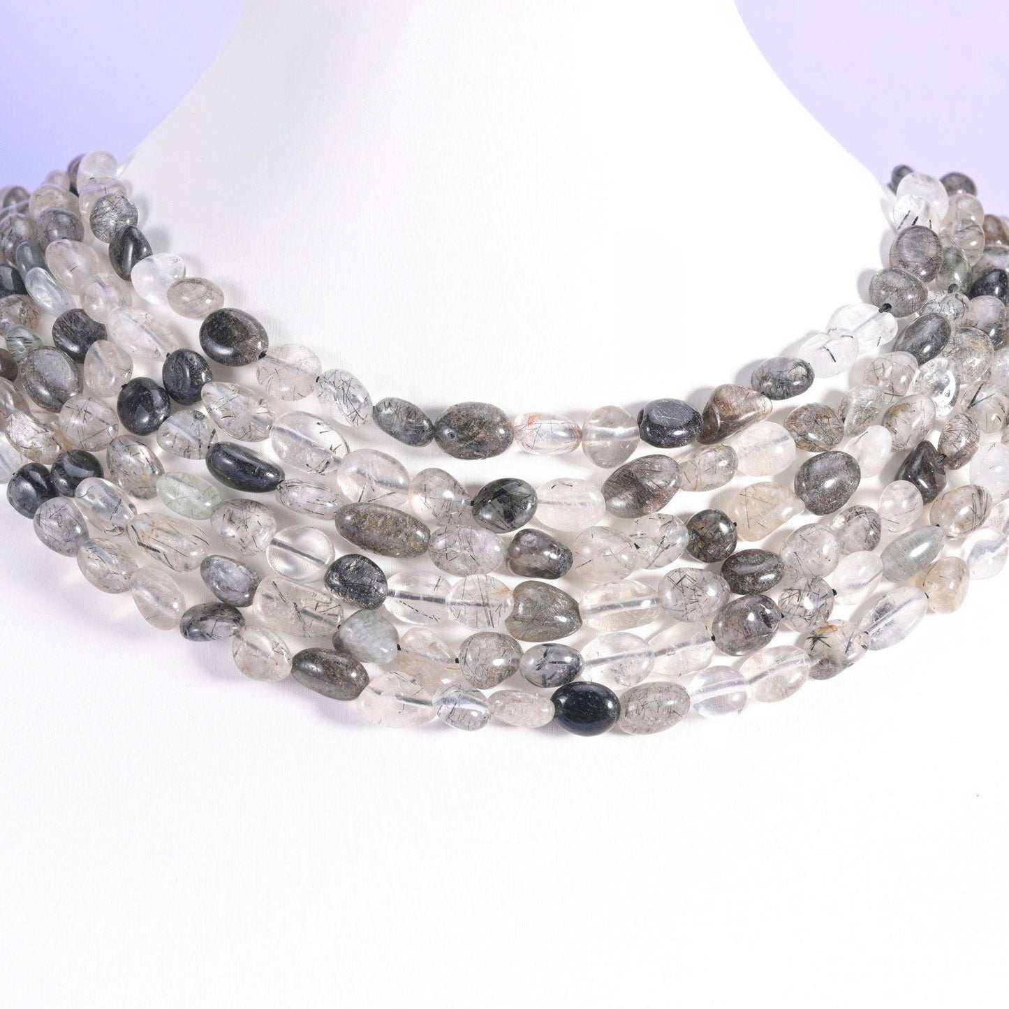 Black Rutilated Quartz Pebble Nugget Beads 6-8mm 8-12mm in clear to milky white with black and charcoal rutile needles