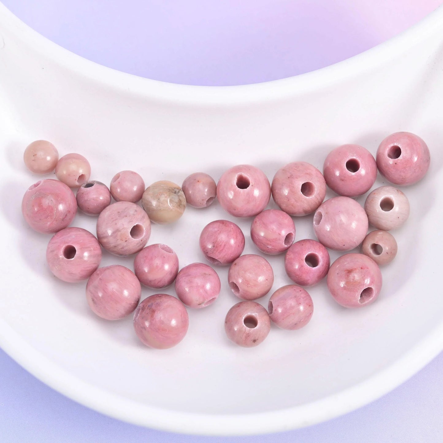 Pink Rhodonite Large Hole Round Beads 6mm 8mm 10mm in dusty rose pink with beige and grey marbling
