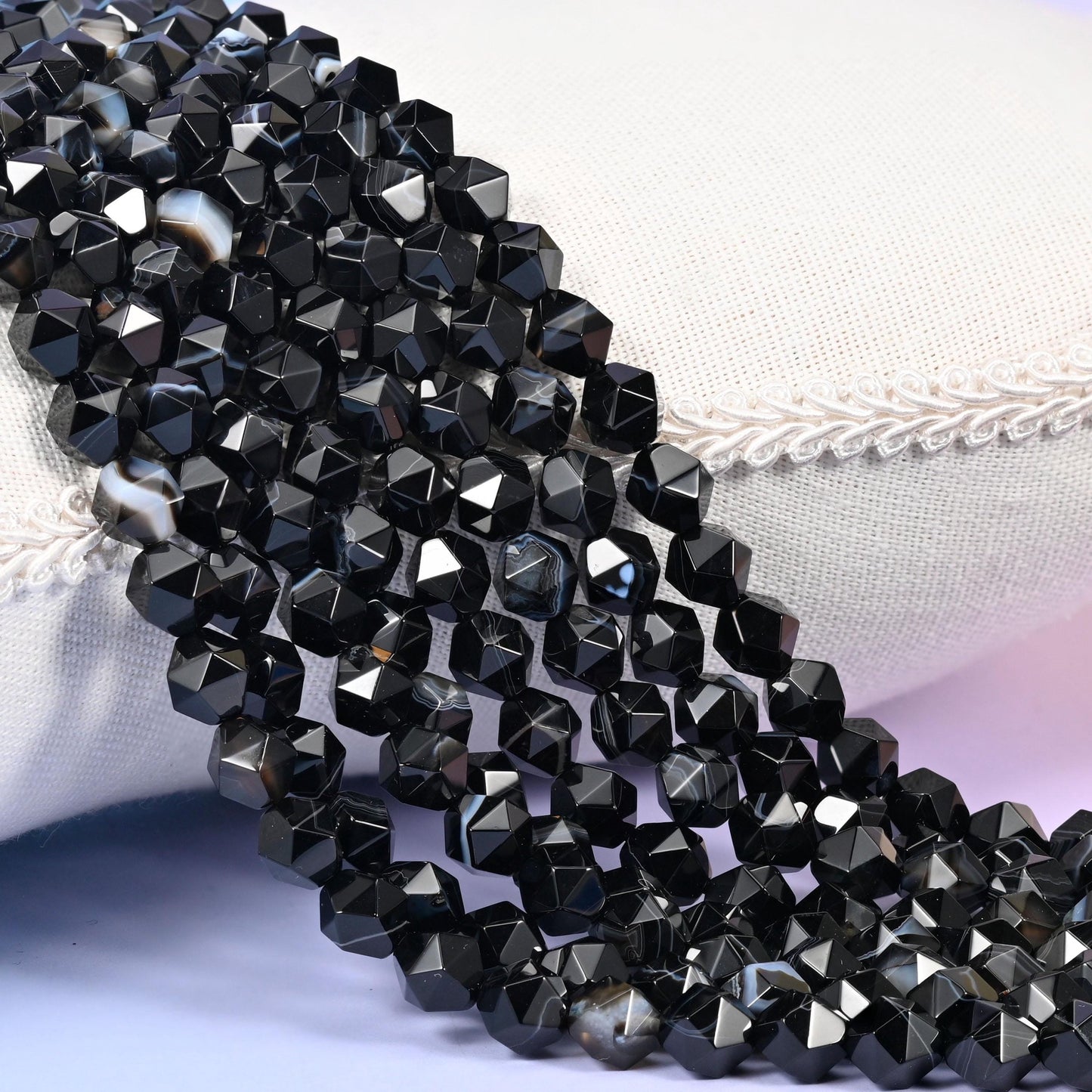 Black Strip Agate Diamond Cut Beads 6mm 8mm 10mm