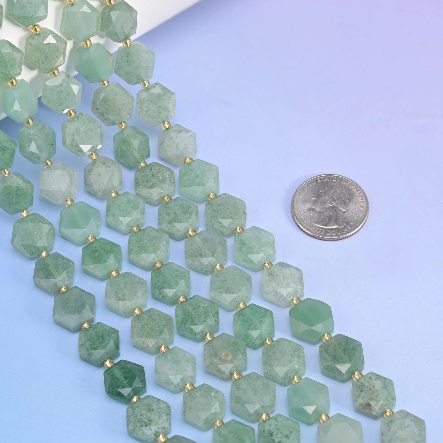 Flat faceted cut Green Strawberry Quartz beads for jewelry making.