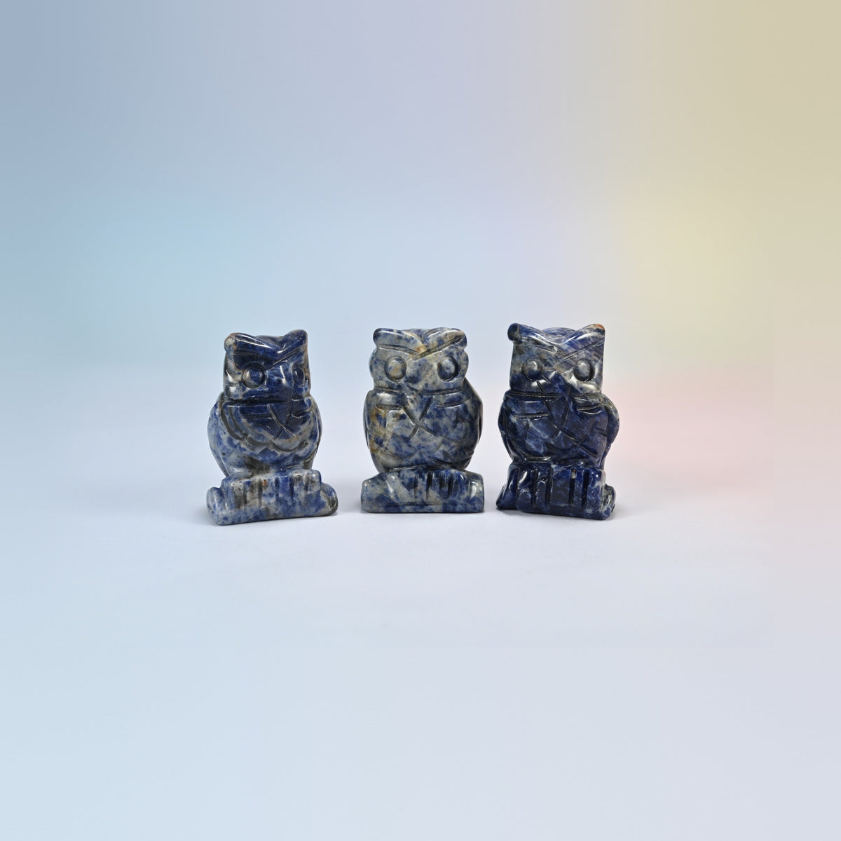 Owl crystal carving in sodalite, deep blue natural stone with white veins
