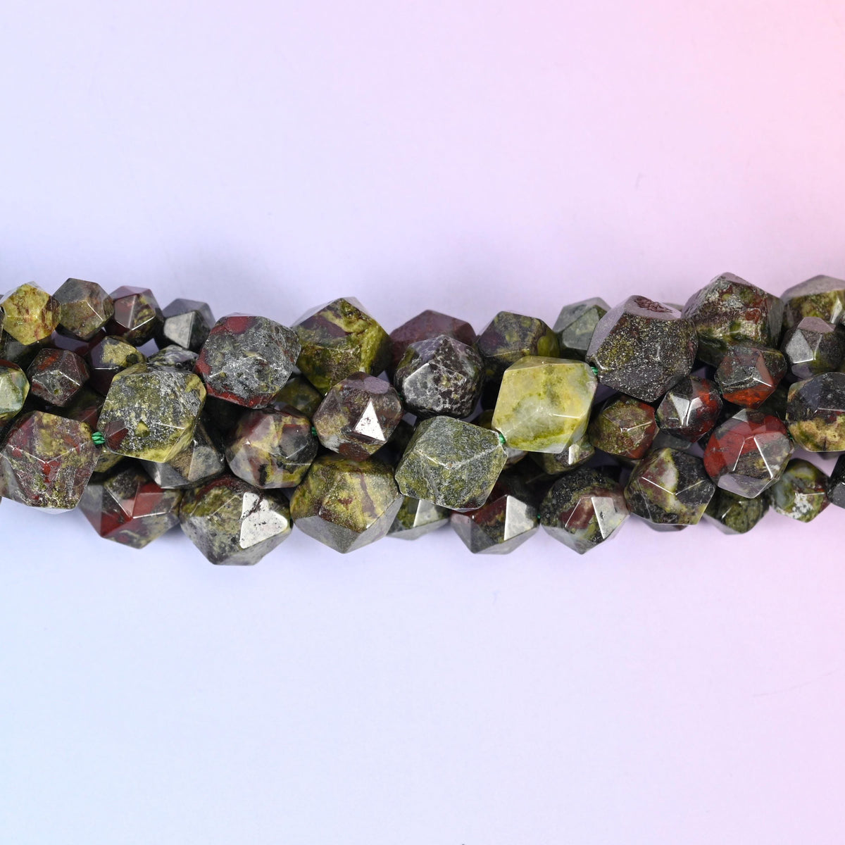 Dragon Bloodstone Faceted Diamond Star Cut Beads, mossy olive and khaki green shot through with brick-red and rust patches
