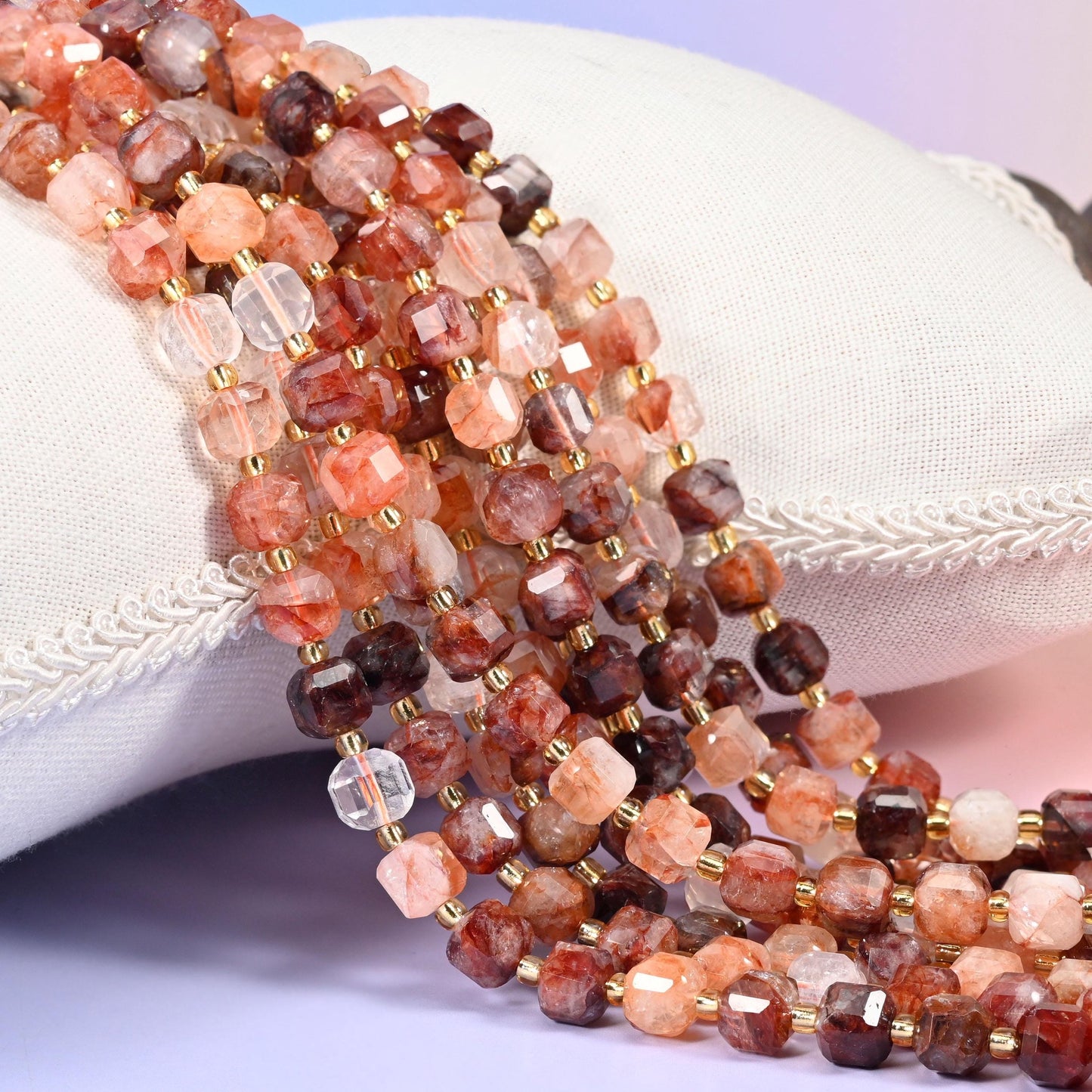 Red Hematoid Quartz Faceted Cube Beads, clear to smoky quartz shot through with rusty red hematite