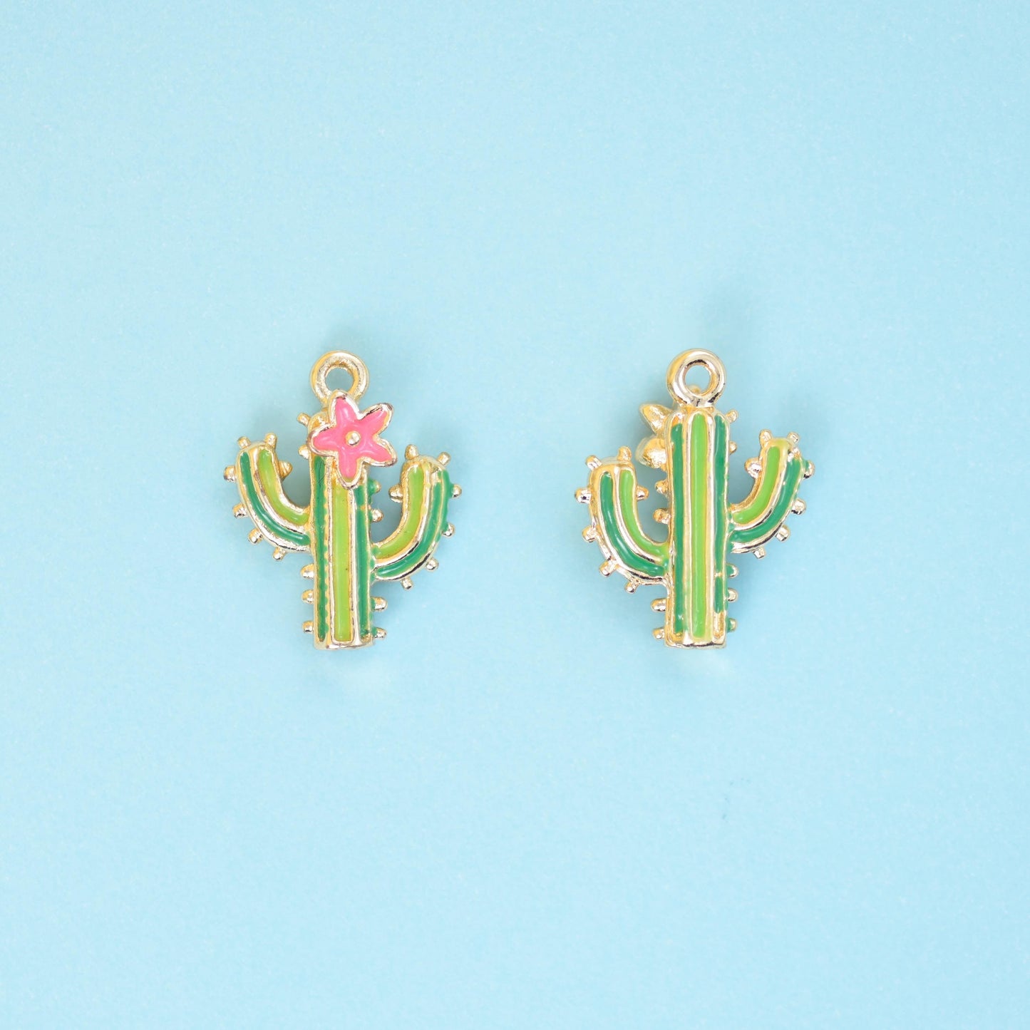 18K Gold Filled Enamel Cactus Charm 16x11mm in two-tone green with a pink flower and gold detailing