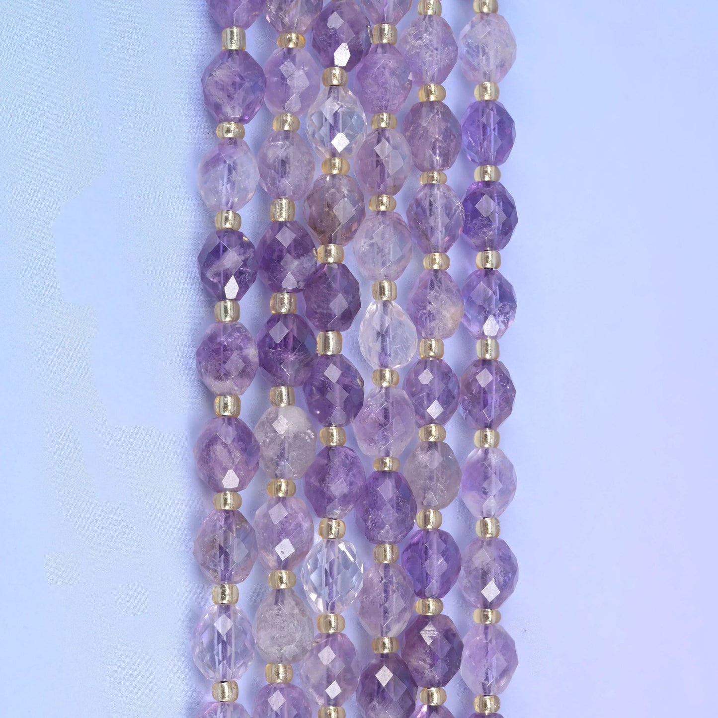 Amethyst rutilated quartz faceted rice barrel beads, 15.5 inch strand
