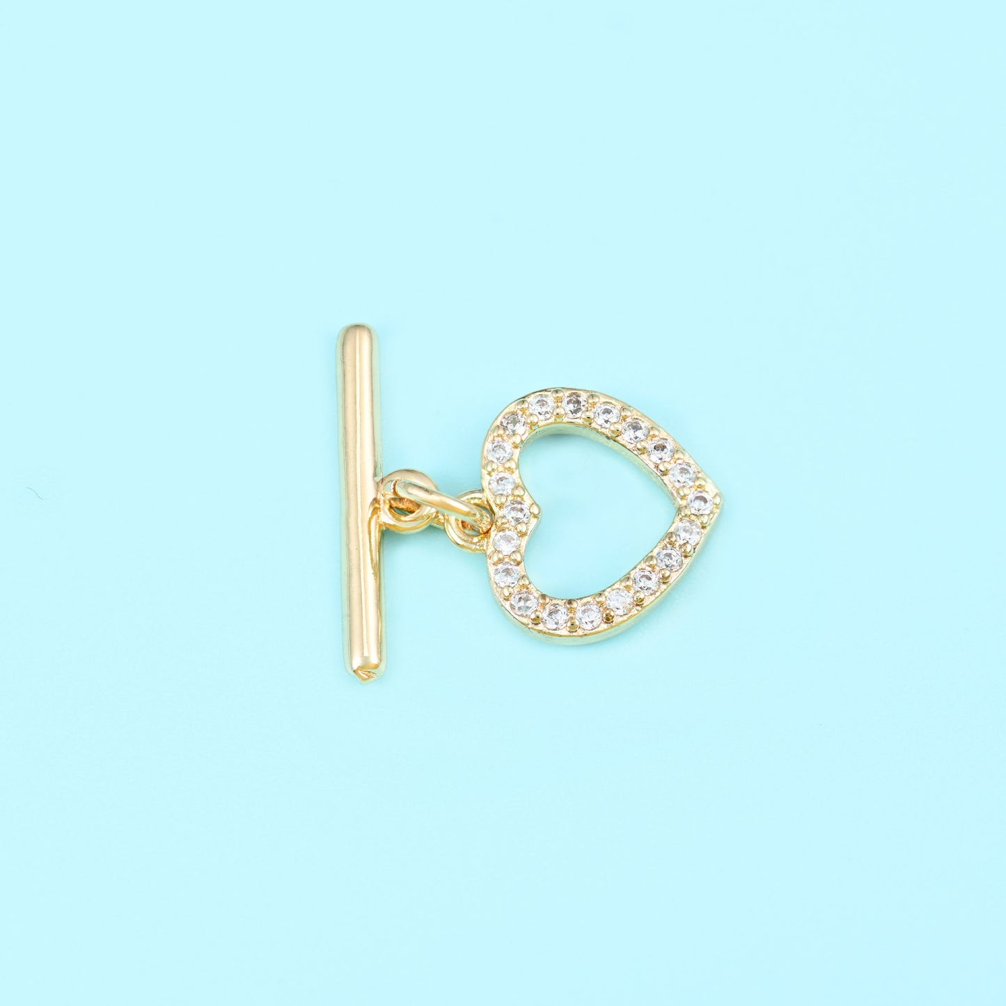 Gold filled toggle clasp, heart shape, zircon pave