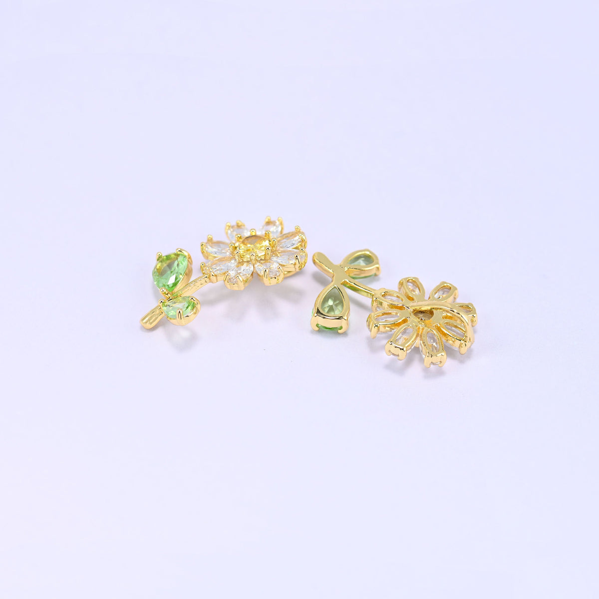 18K Gold Plated Brass Daisy Flower Charm Pendant with green leaves and zirconia accent