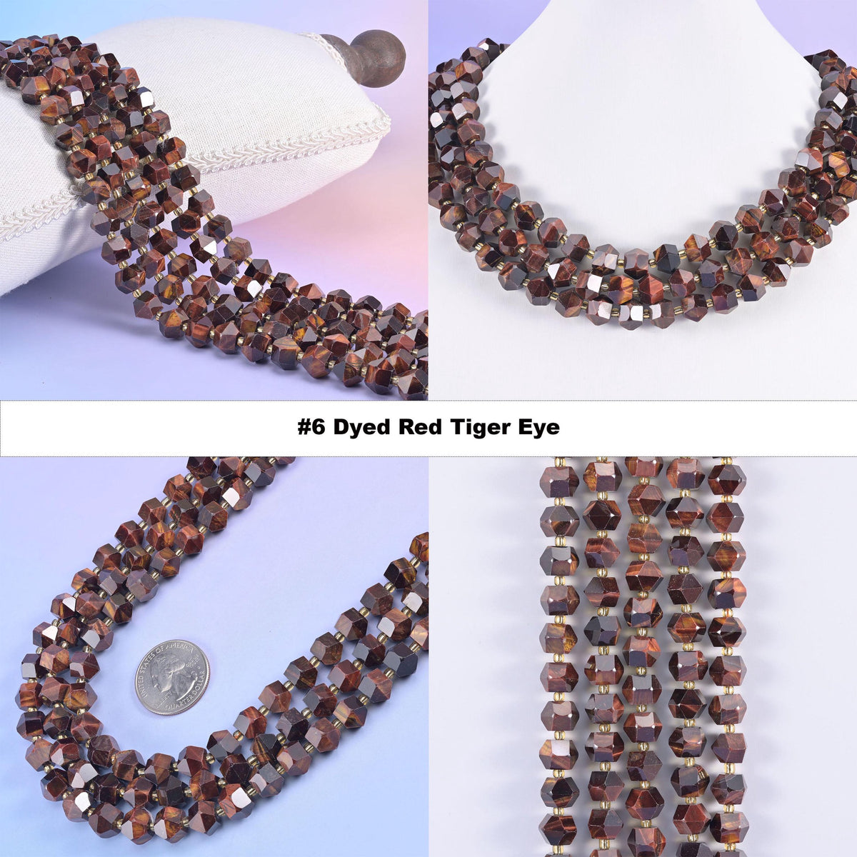 Faceted 8 sides diamond rhombus beads in dyed red tiger eye, option 6 shown in four views with banded red brown sheen.