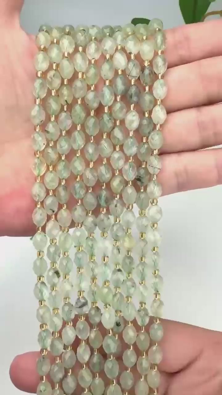 Light Green Prehnite Faceted Rice Barrel Beads, approximately 39 beads per strand