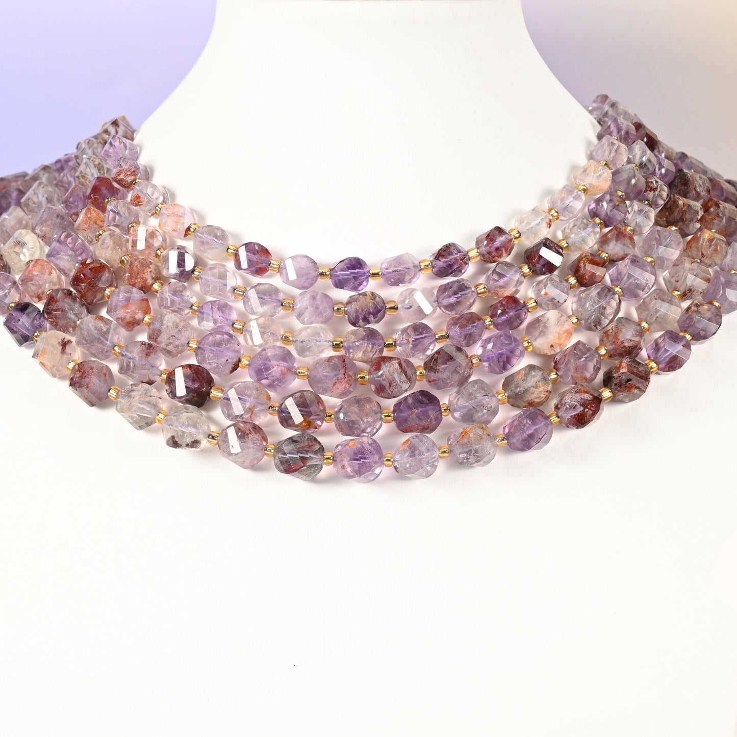 Super 7 Phantom quartz beads, faceted spiral twist, 8mm 10mm