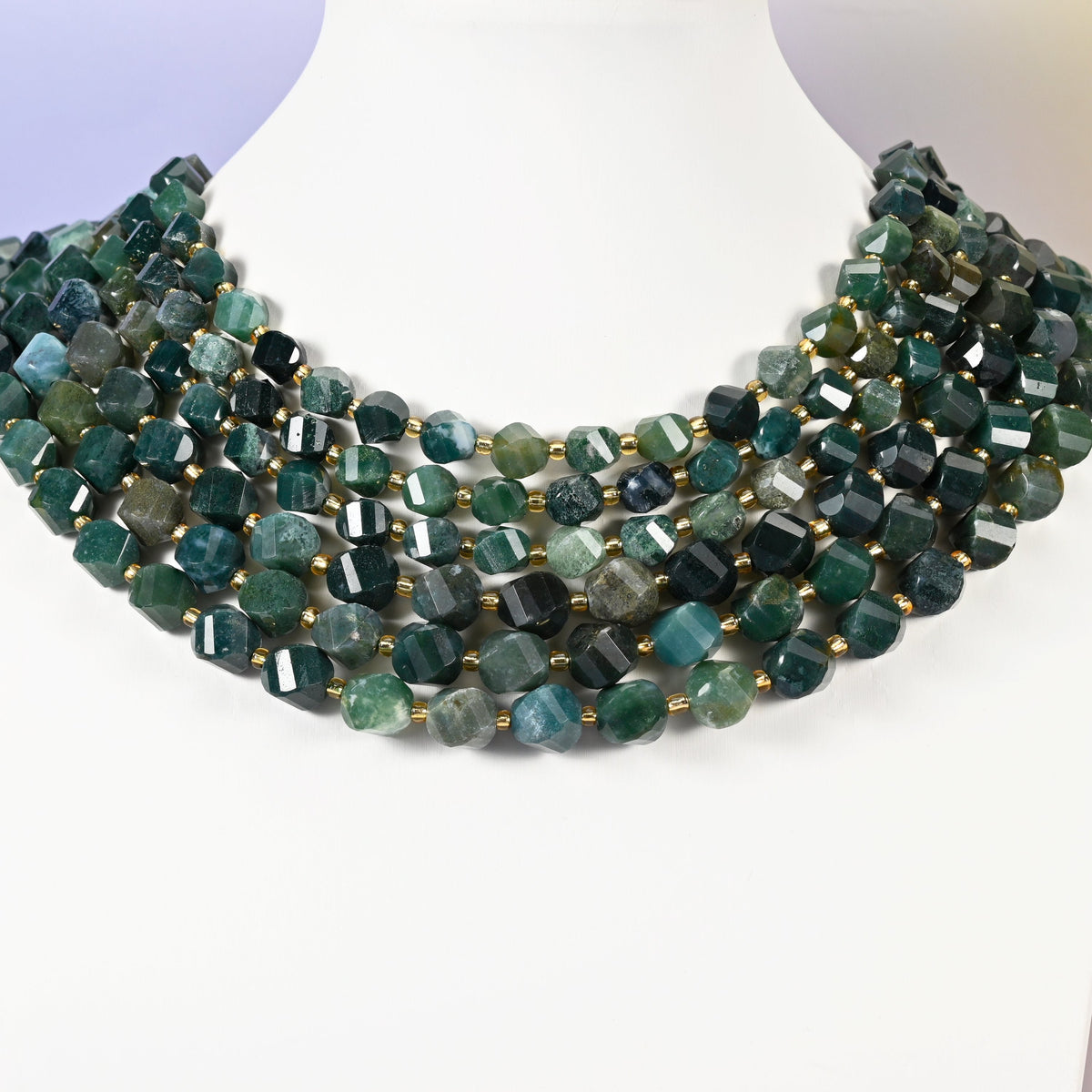 Moss Agate beads, spiral twist shape, 8mm and 10mm