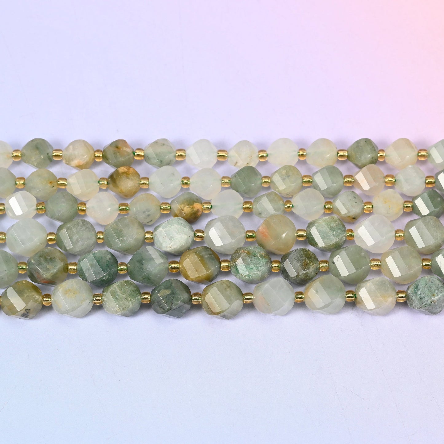 Green Grass Silk Stone beads in muted sage green threaded with cream and straw